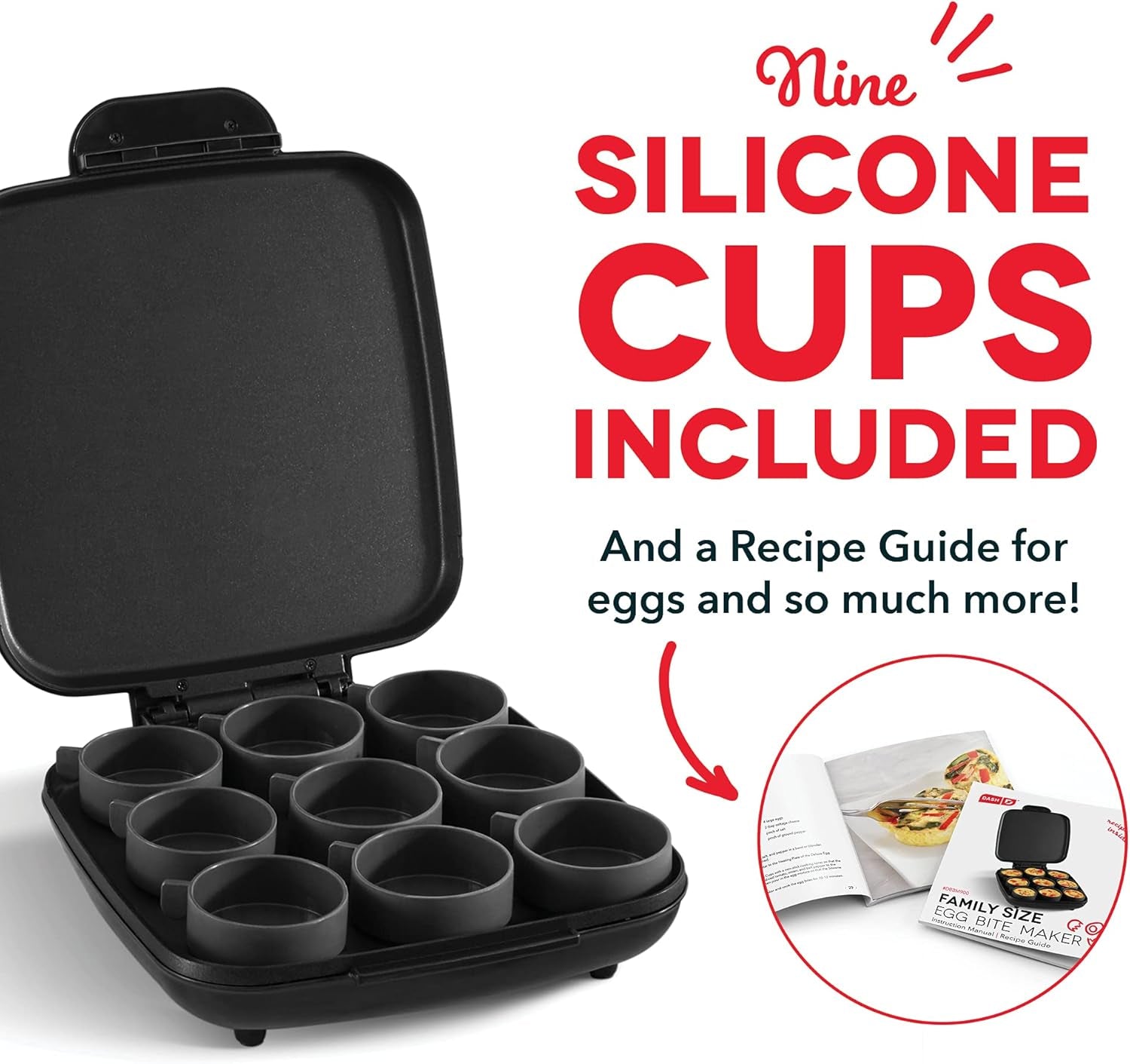 Family Size Egg Bite Maker - Electric Egg Bite Maker with Non-Stick Silicone Cups - Space-Saving Design & Quick Cleanup - Make Sandwiches, Healthy Snacks & Desserts - 9 Servings, Black