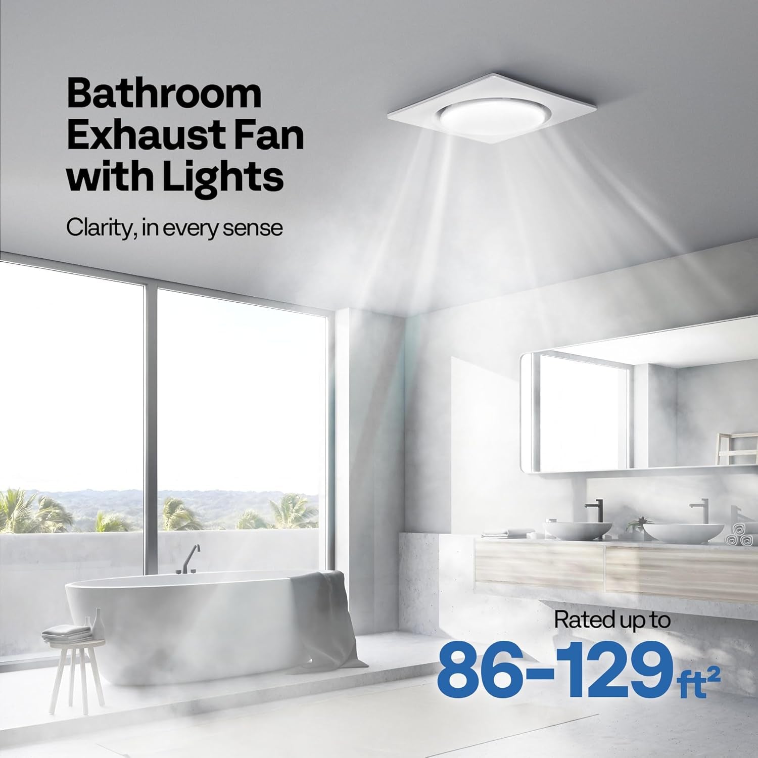 Autoflow Bathroom Exhaust Fan, 3CCT Diammable Light & Humidity Sensor (30-110-160CFM) - Energy Efficient EC Motor, Dual Insulation, Constant Airflow, (Install Kit, 4-In Duct)