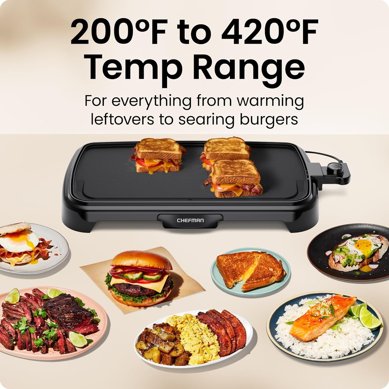XL Electric Griddle with Removable Temperature Control, Immersible Flat Top Grill, Burger, Eggs, Pancake Griddle, Nonstick Extra Large Cooking Surface, Slide Out Drip Tray, 25 X 51 CM