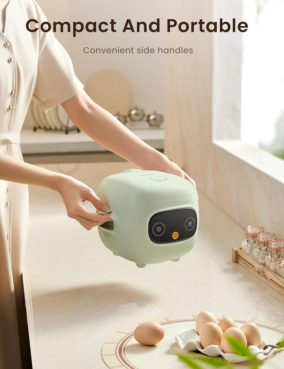 Mini Rice Cooker 4 Cups Cooked/2 Cups Uncooked, Portable Non-Stick Rice Maker, 24 Hours Timer Delay, 6 Functions, Fast Cooker, Brown Rice, Oatmeal, Sage Green Color