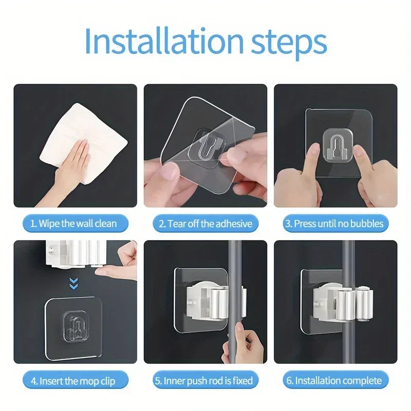Mop Holder Self-Adhesive Broom Stand Wall Mounted Mop Support Sweeping Brush Hook Storage Organizer Bathroom Kitchen Accessories