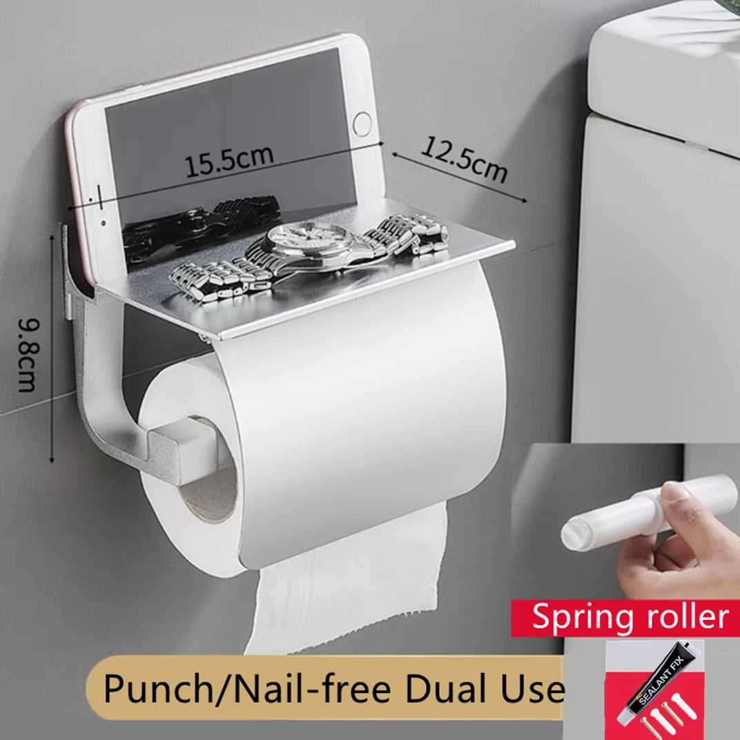 Space Aluminum Toilet Paper Shelf Black/Silver with Spring Card Slot Bathroom Accessory Roll Paper Holder Rack with Cover