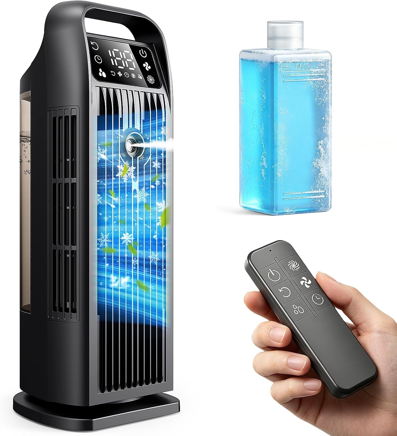 Portable Air Cooler, 4 in 1 Air Conditioner 1200ML Evaporative Air Cooler with Remote Control, 120° Oscillating 4 Speeds 12H Timer Mist Spray Tower Fan for Home Office (Glacier White)