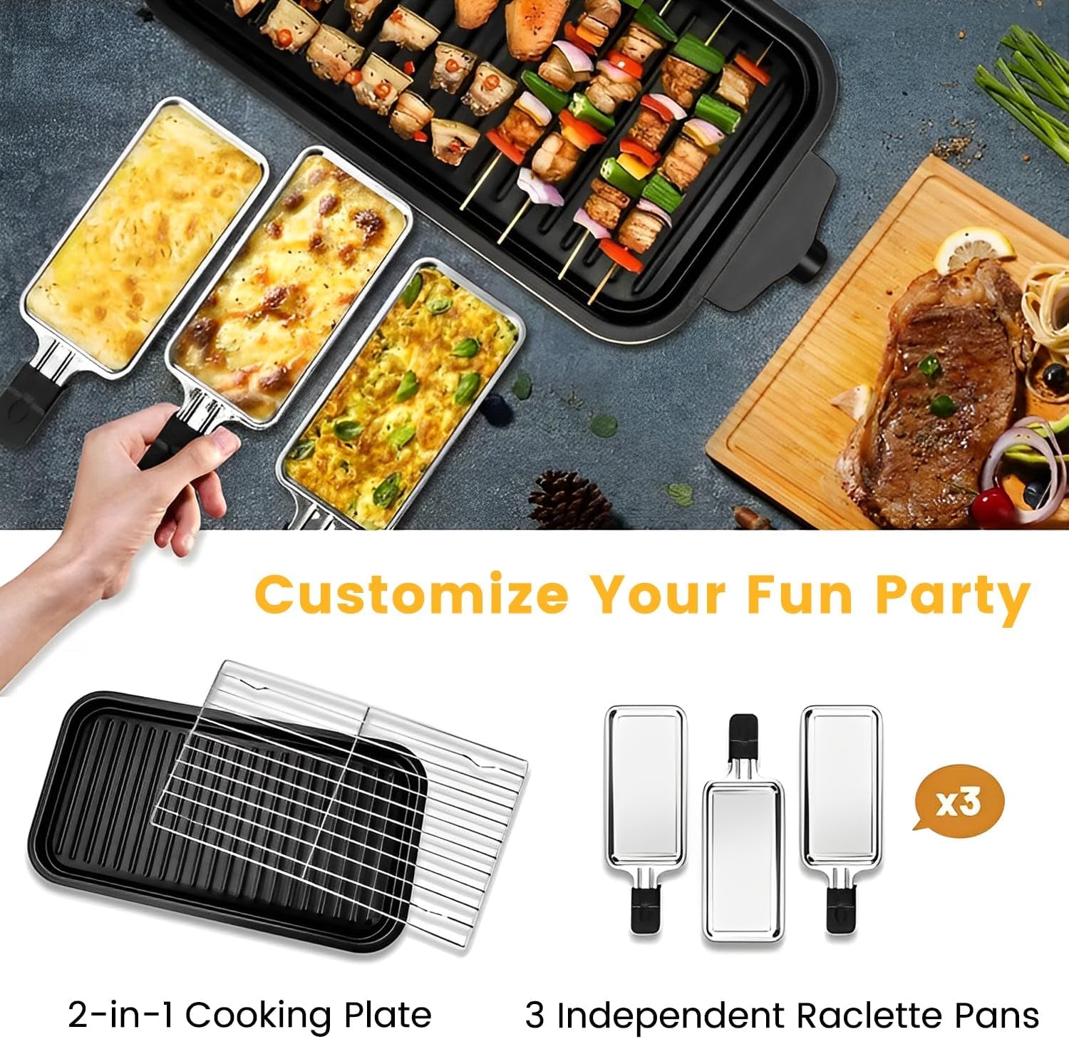 Electric Indoor Grill 1500W,  2 in 1 Smokeless Indoor Grills with Non-Stick Removable Grill & Griddle Plate, Temperature Control, Portable Korean BBQ Grill with 3 Raclette Cheese Pans