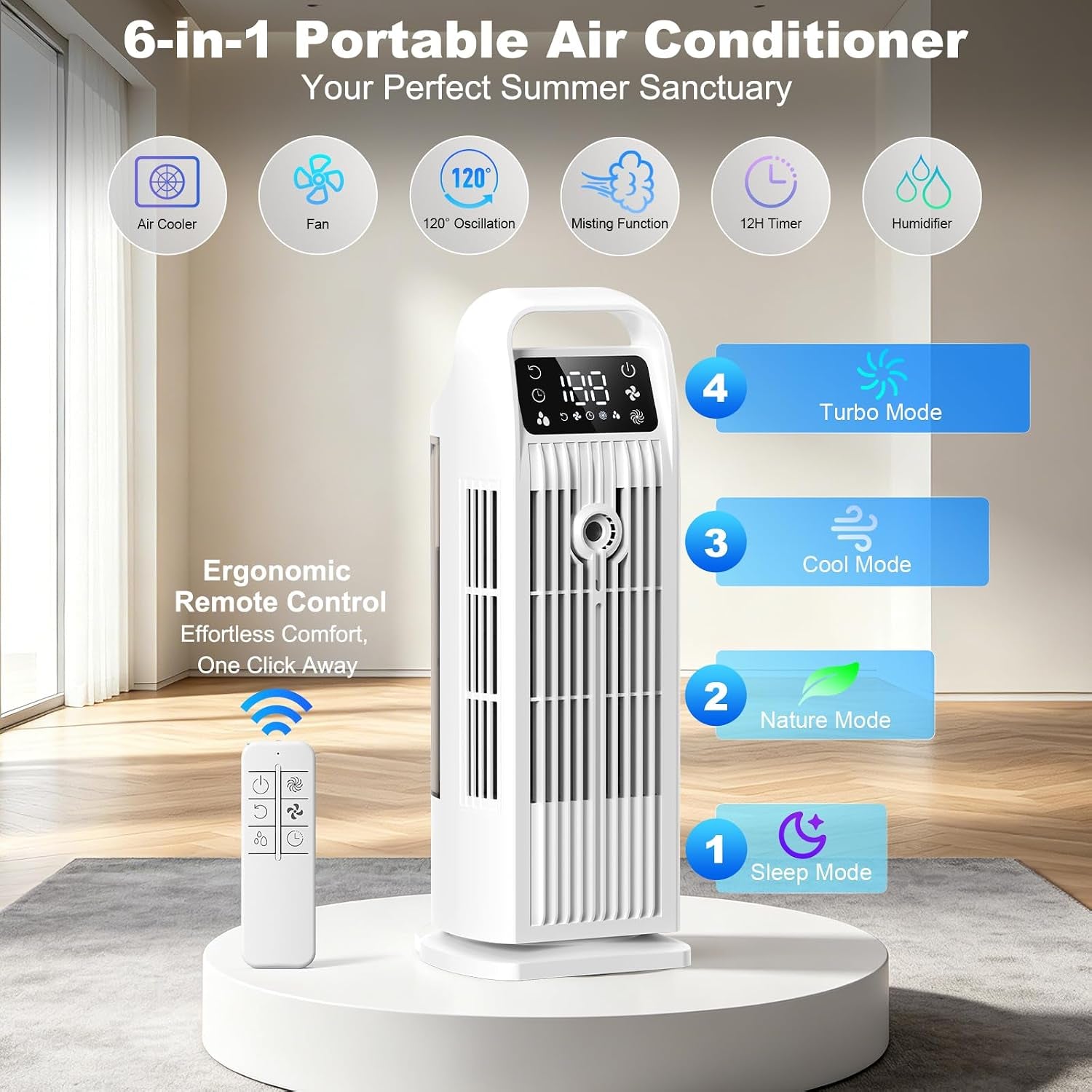 Portable Air Cooler, 4 in 1 Air Conditioner 1200ML Evaporative Air Cooler with Remote Control, 120° Oscillating 4 Speeds 12H Timer Mist Spray Tower Fan for Home Office (Glacier White)