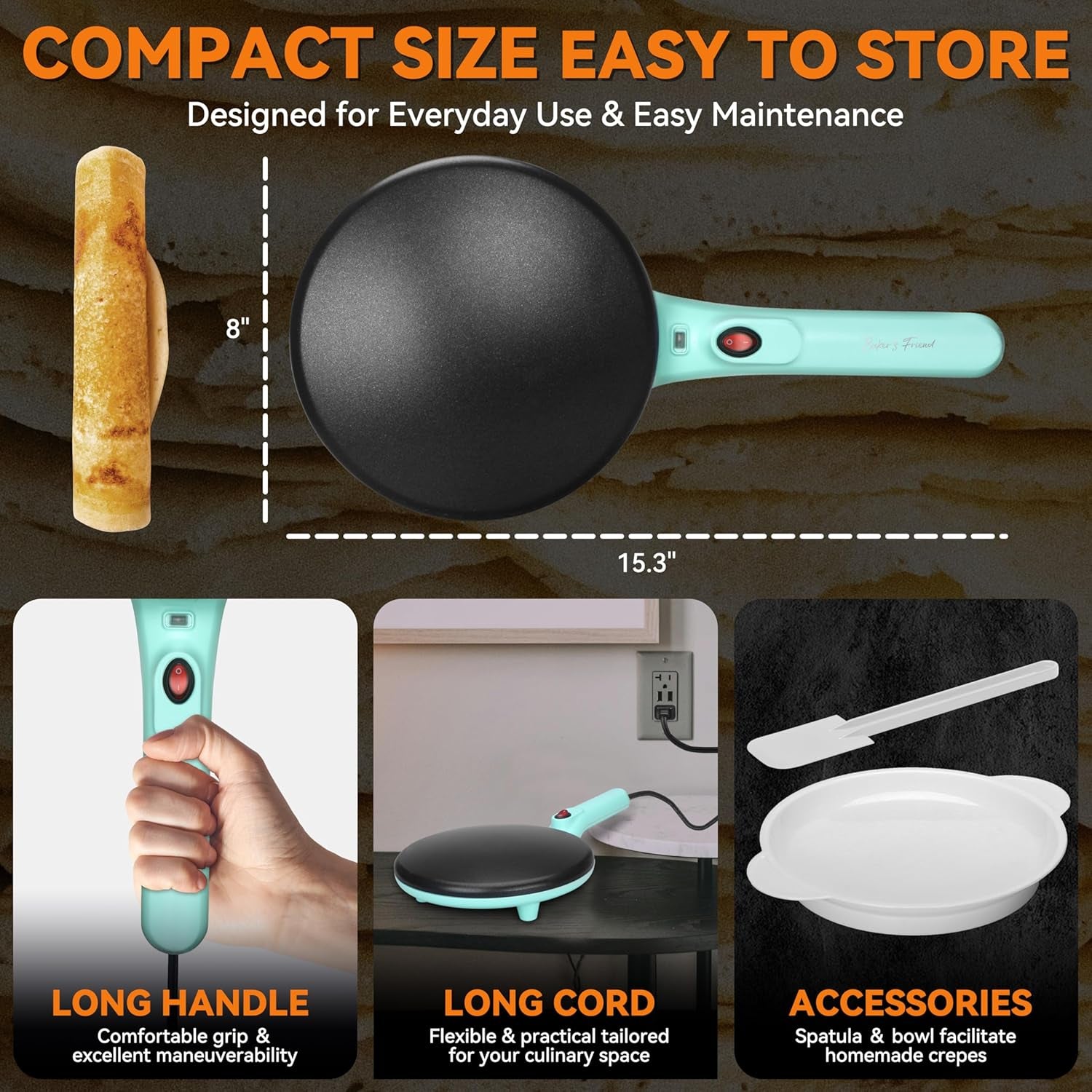 Instant Crepe Maker with Handle, Electric Crepe Maker Machine, Crepera Electrica, 8 Inch Non-Stick Cooking Surface, Aqua