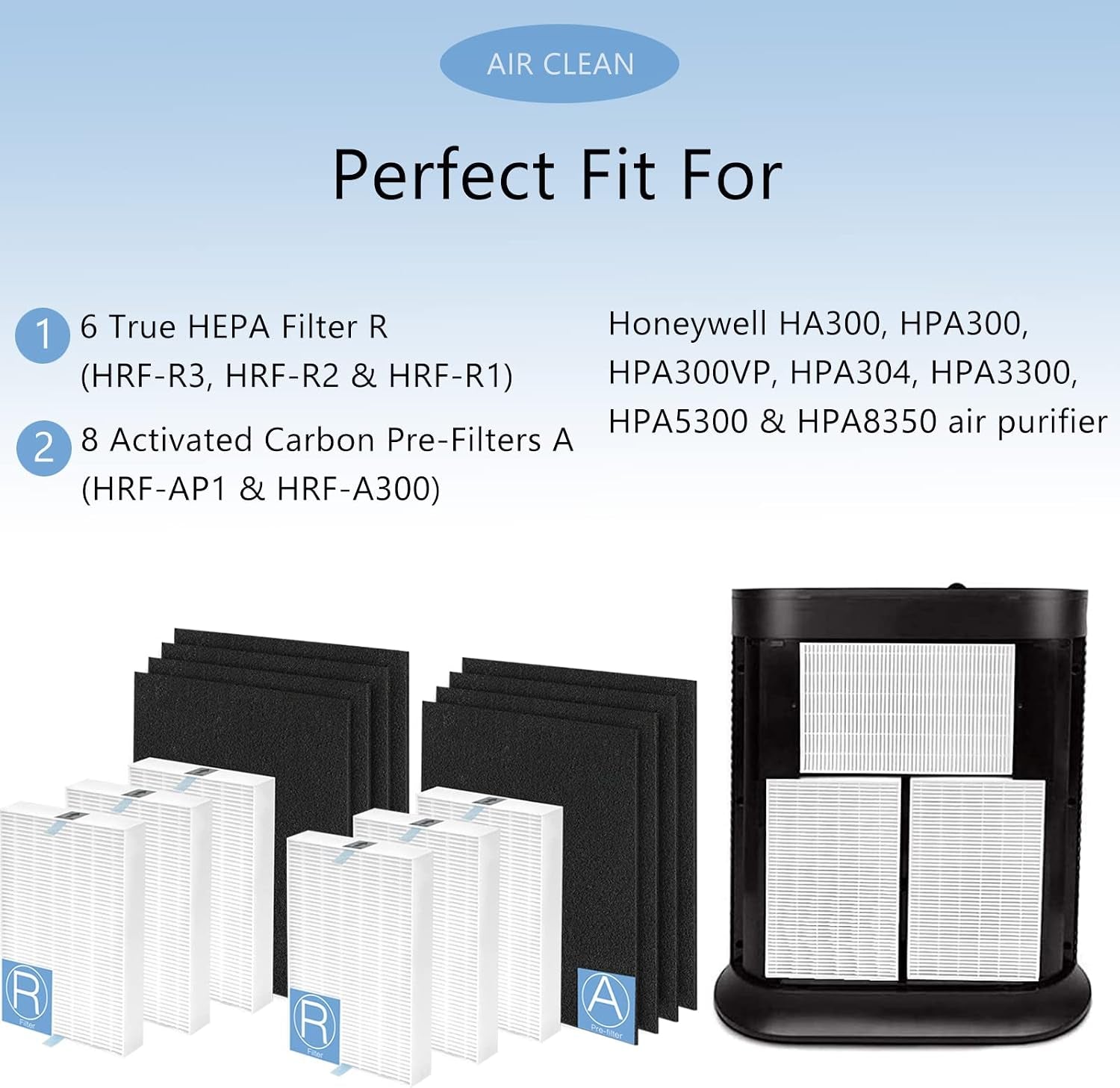 HPA300 Replacement Filters Compatible with Honeywell HA300, HPA300, HPA300VP, HPA304, HPA3300, HPA5300 & HPA8350 Air Purifier, Including 6 HEPA Filters R & 8 Activated Carbon Pre-Filters A