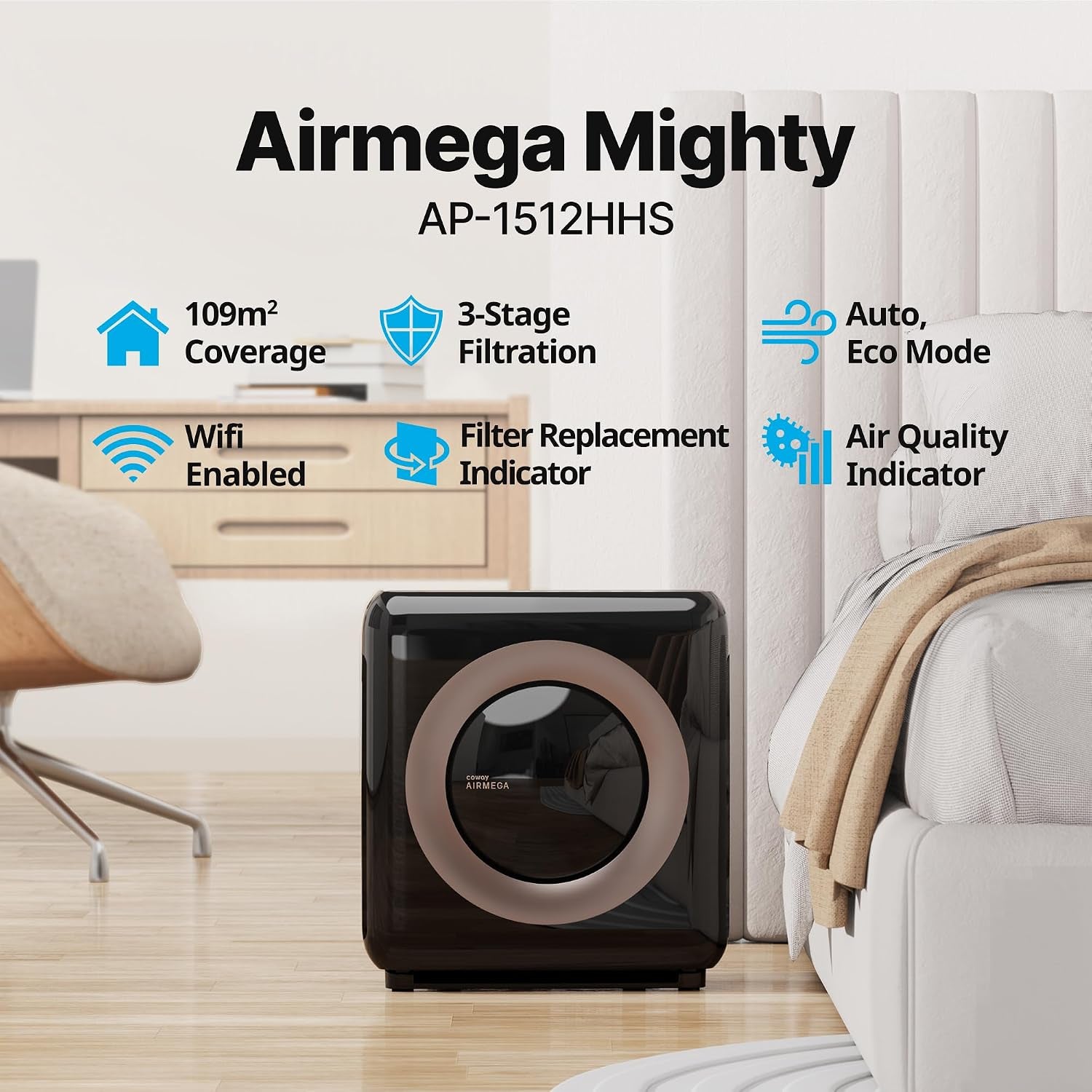 Airmega AP-1512HHS App-Enabled Smart Technology, Compatible with Amazon Alexa True HEPA Air Purifier, Black/Bronze