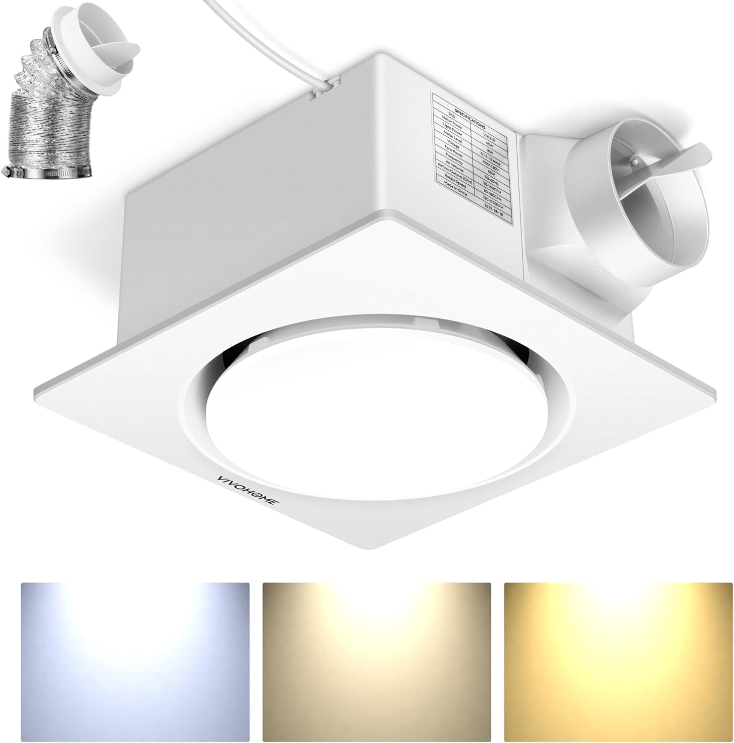 Autoflow Bathroom Exhaust Fan, 3CCT Diammable Light & Humidity Sensor (30-110-160CFM) - Energy Efficient EC Motor, Dual Insulation, Constant Airflow, (Install Kit, 4-In Duct)