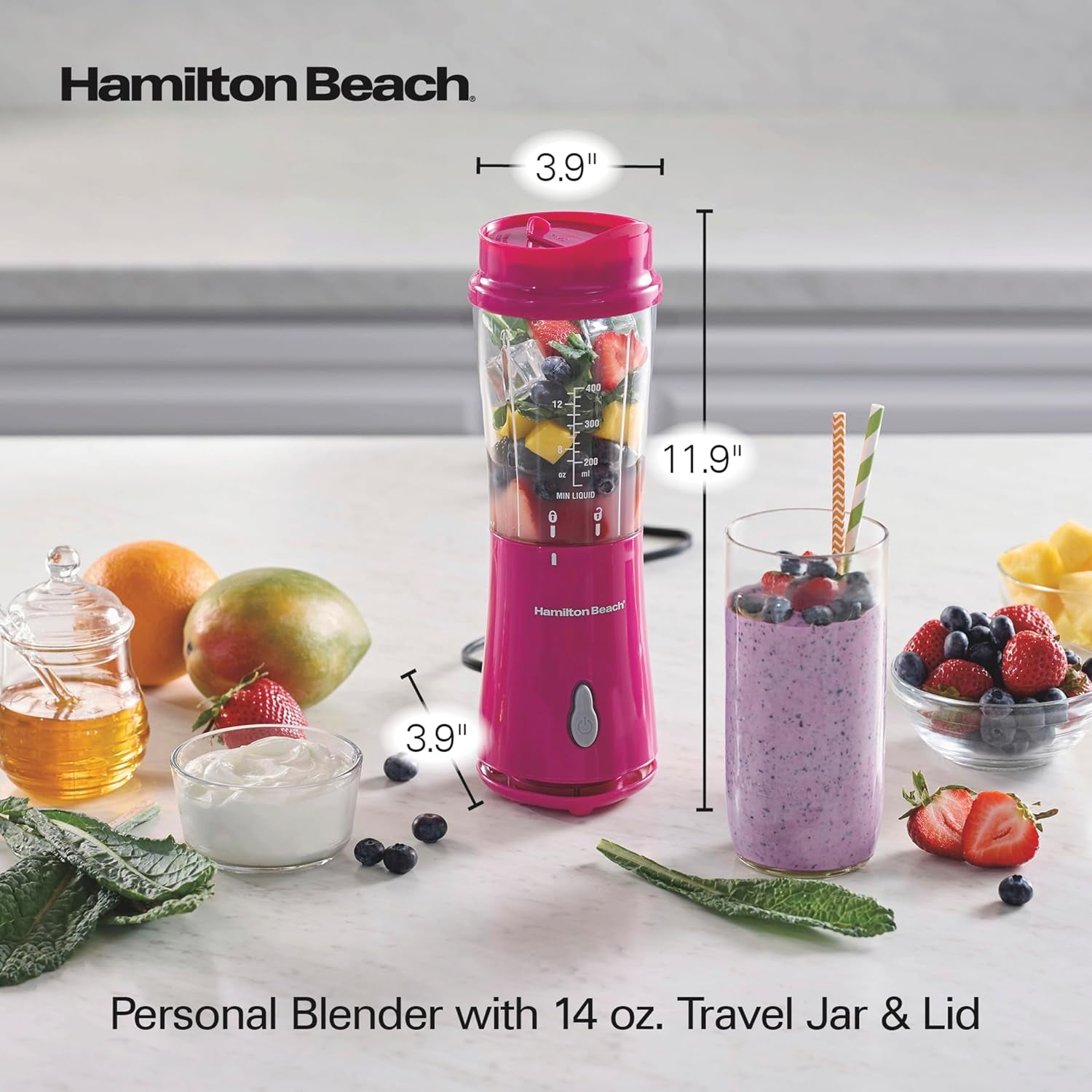 Personal Blender for Smoothies & Protein Shakes, Portable Single Serve Blender with Travel Lid, 14 Oz Bpa-Free Jar, 175W, Compact Countertop Blender, Raspberry, 51131G