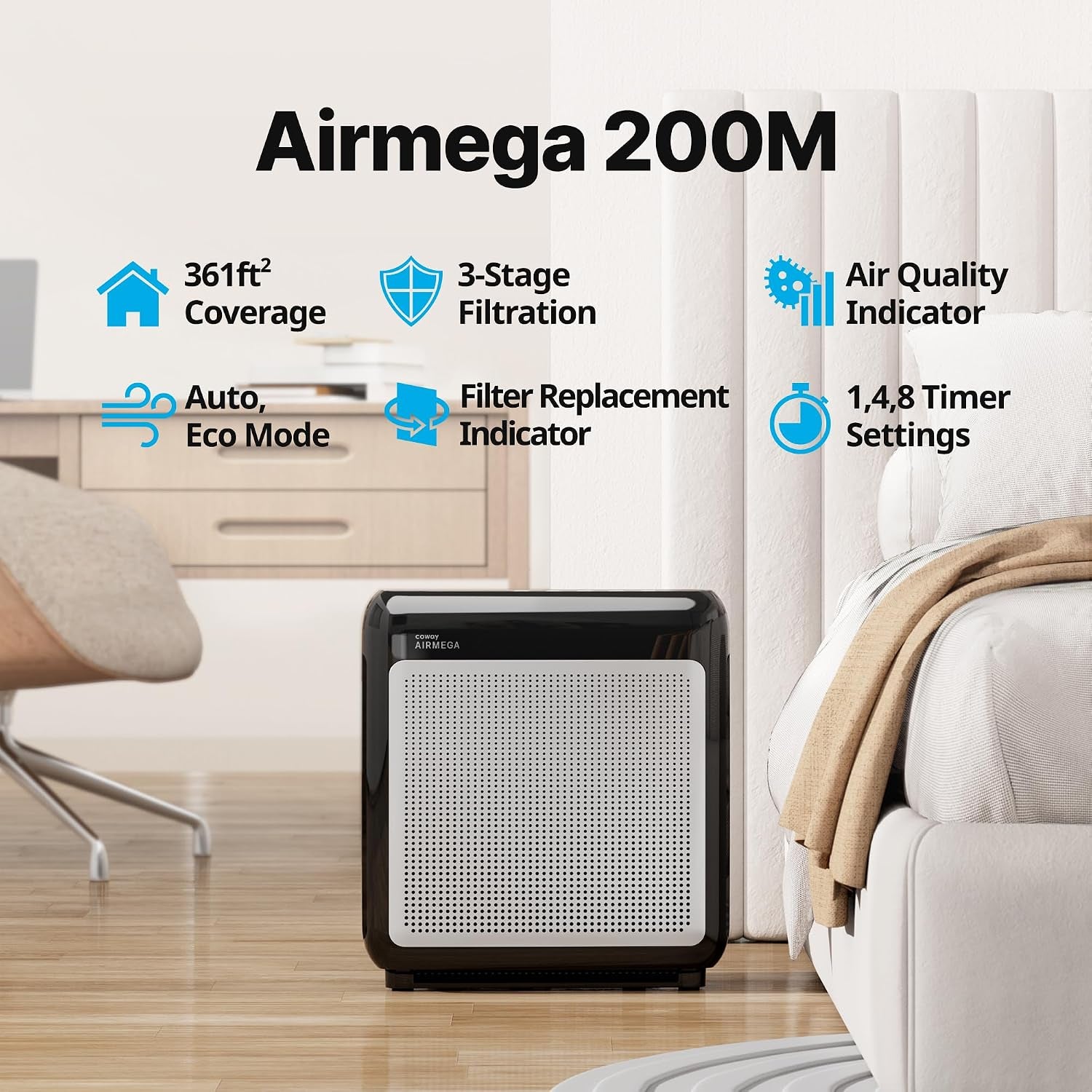 Air Purifier for Home up to 1,748Ft², HEPA Filter for Smoke, Allergies, Pet Dander, Odor, Air Quality Monitor, Auto&Eco Mode, Timer, Filter Indicator, 3Yr Warranty, Airmega 200M, Black