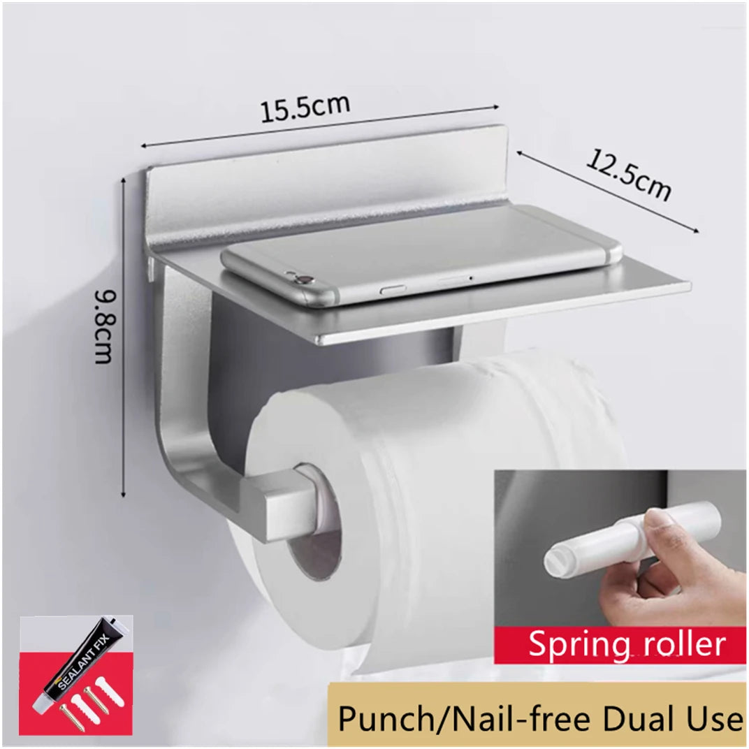 Space Aluminum Toilet Paper Shelf Black/Silver with Spring Card Slot Bathroom Accessory Roll Paper Holder Rack with Cover