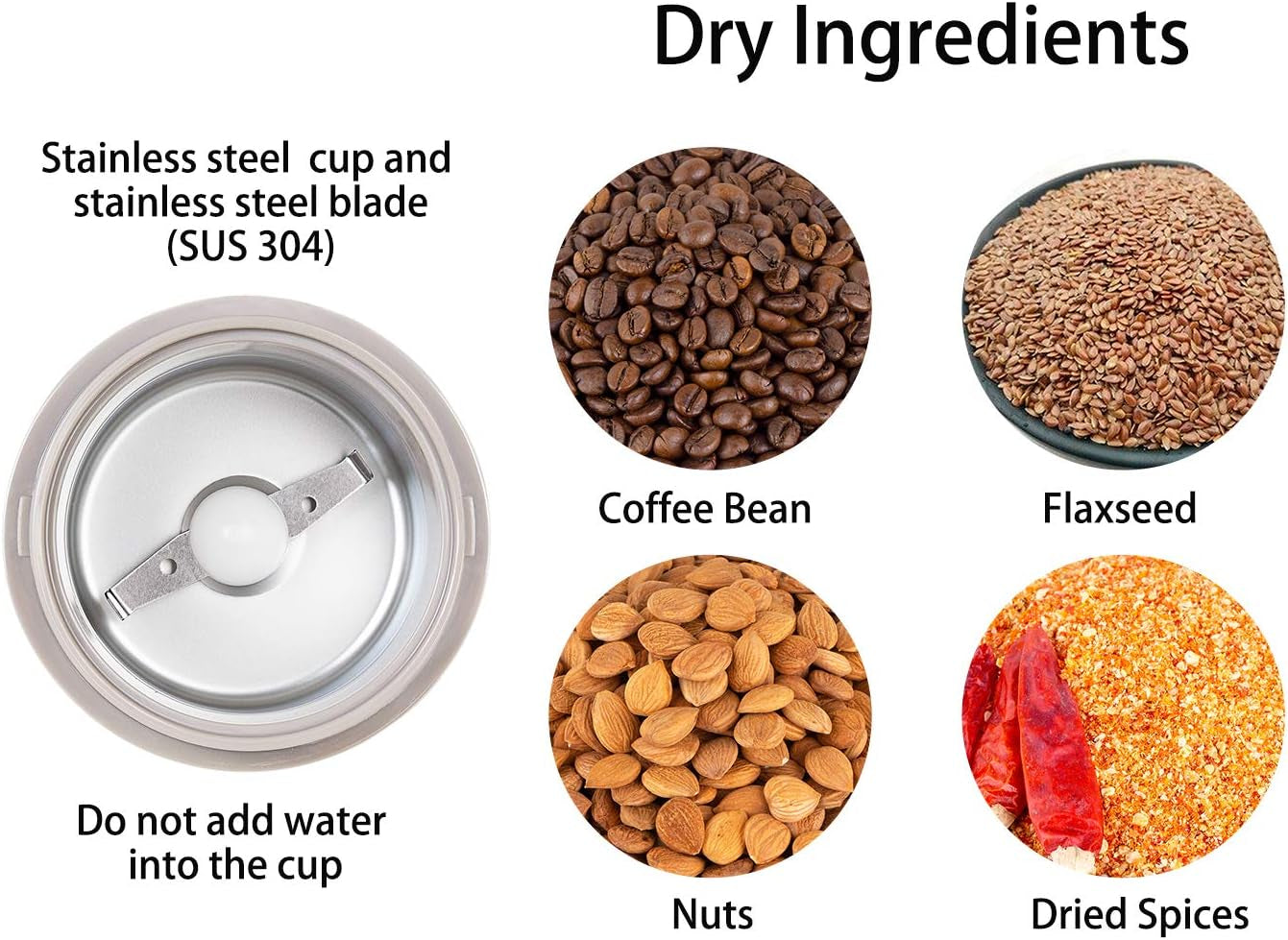 DM-7441W Electric Dried Spice and Coffee Grinder, Blade & Cup Made with SUS304 Stainless Steel (White)