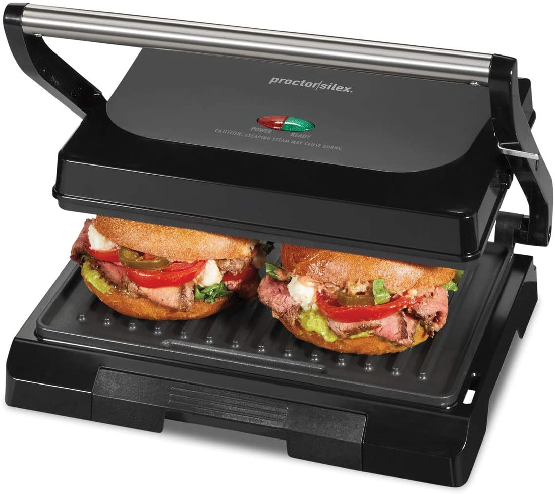 4 Serving Panini Press, Sandwich Maker and Compact Indoor Grill, Upright Storage, Easy Clean Nonstick Grids, Black (25440PS)