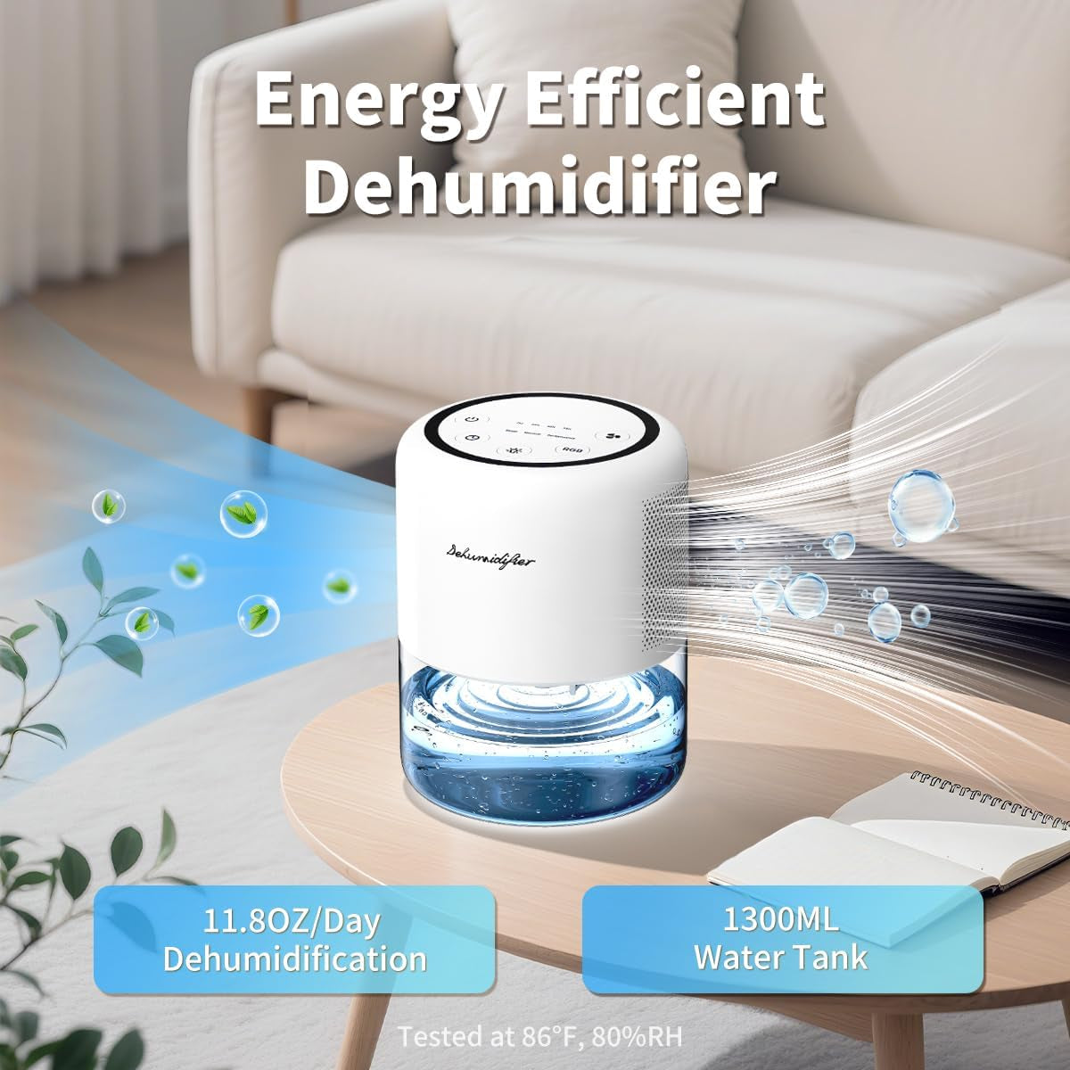Small 45Oz (1.3L) Home Dehumidifier Portable Quiet Dehumidifier with 3 Modes, 10 Color Lights, 4 Timer Settings for Bedroom, Bathroom and Closet