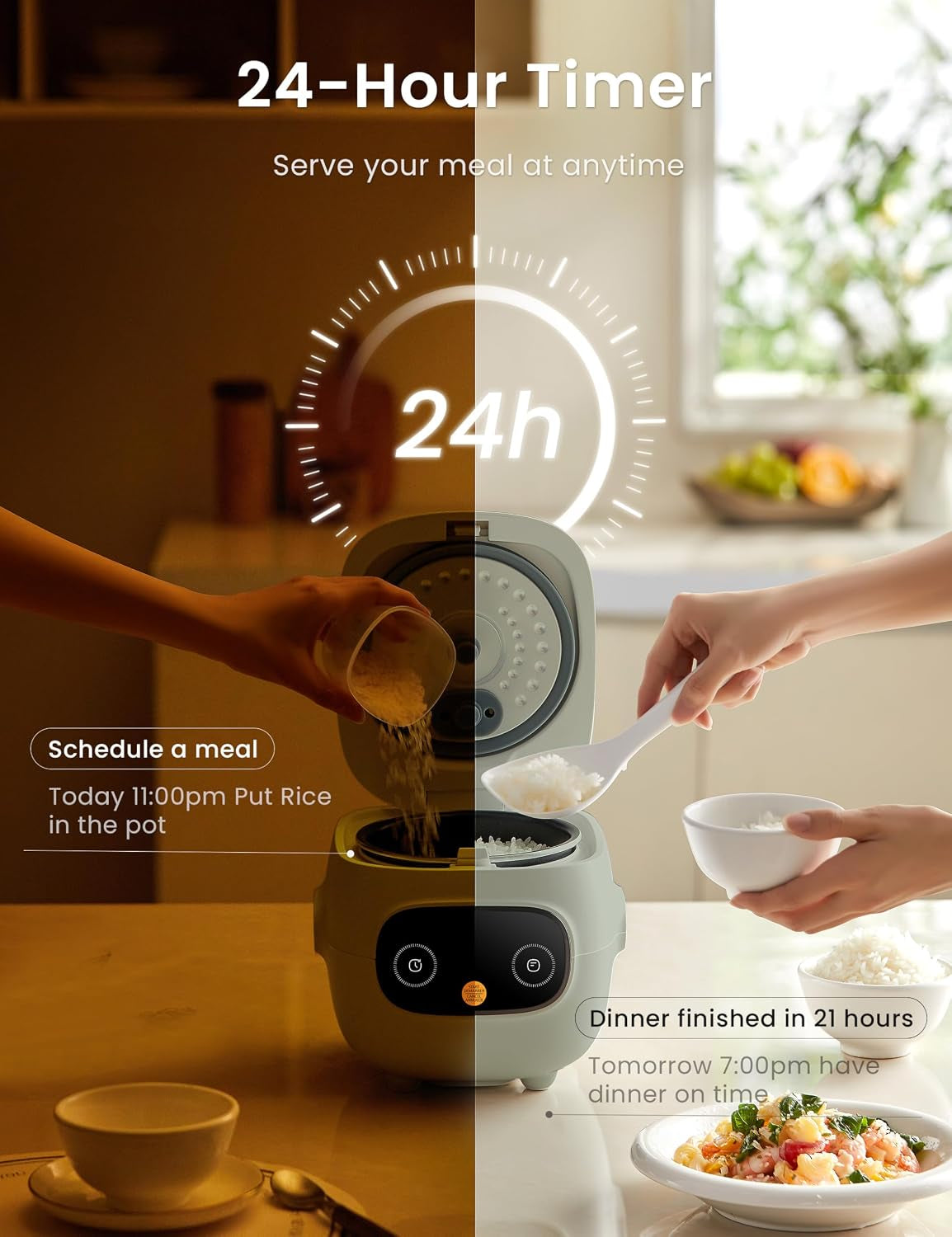 Mini Rice Cooker 4 Cups Cooked/2 Cups Uncooked, Portable Non-Stick Rice Maker, 24 Hours Timer Delay, 6 Functions, Fast Cooker, Brown Rice, Oatmeal, Sage Green Color
