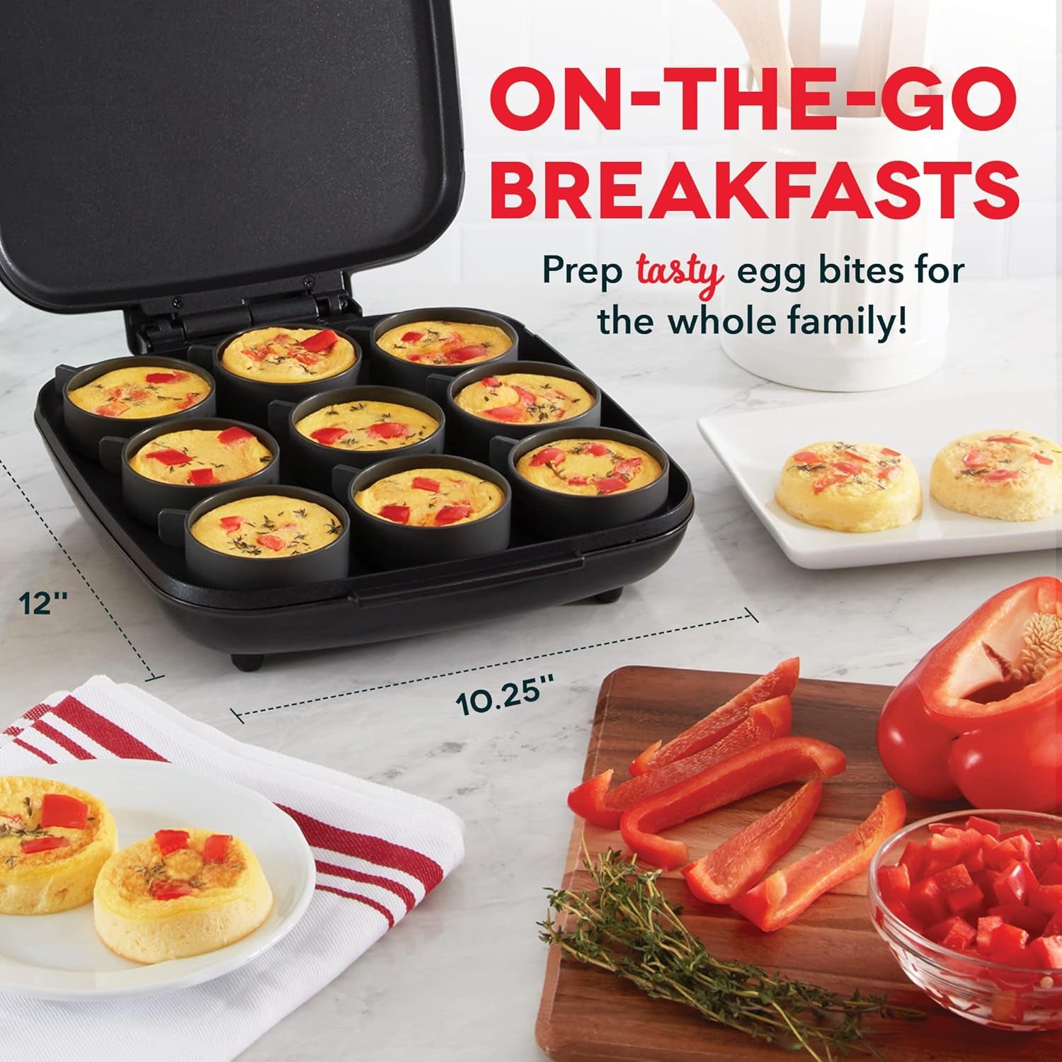 Family Size Egg Bite Maker - Electric Egg Bite Maker with Non-Stick Silicone Cups - Space-Saving Design & Quick Cleanup - Make Sandwiches, Healthy Snacks & Desserts - 9 Servings, Black