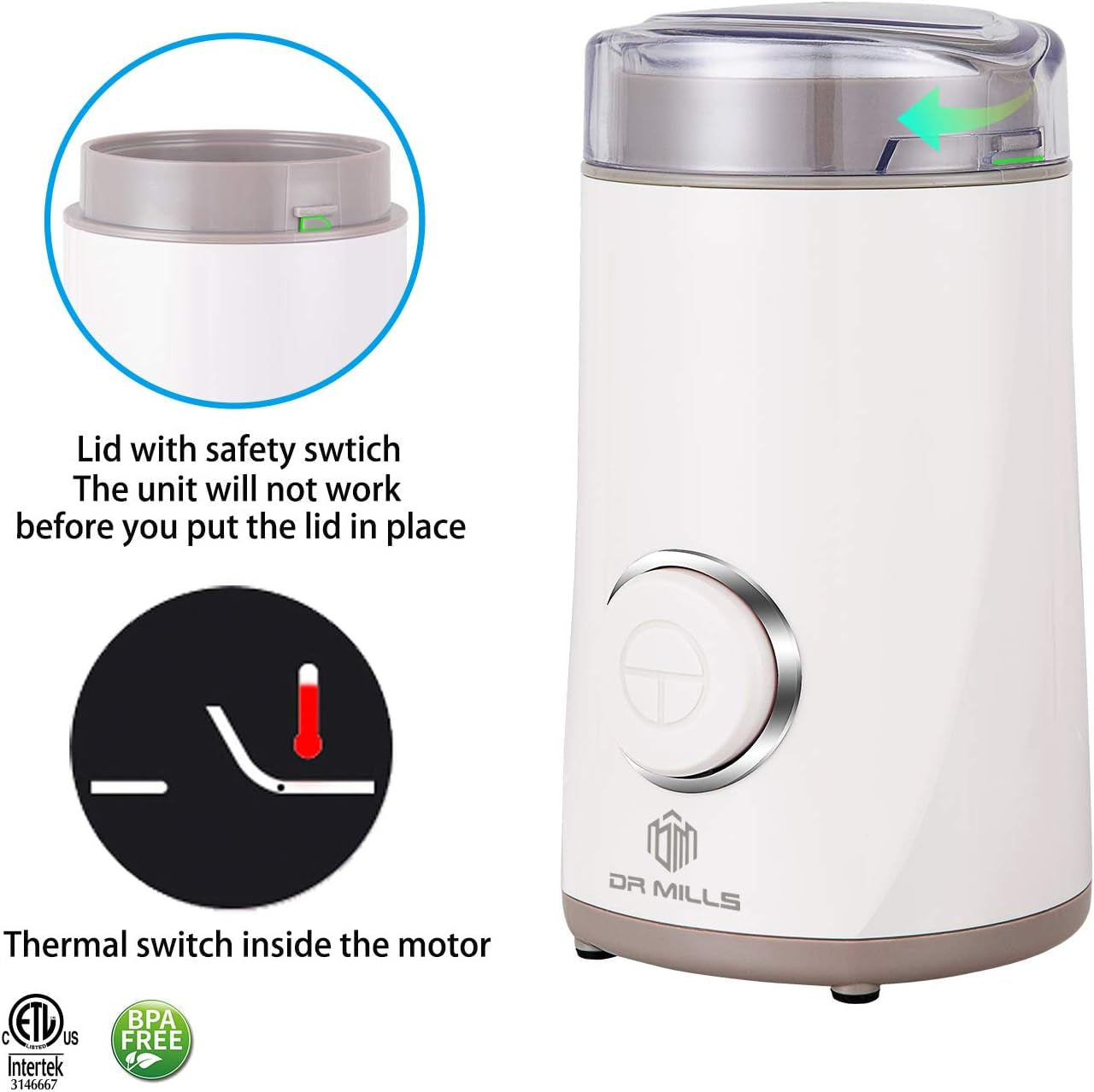 DM-7441W Electric Dried Spice and Coffee Grinder, Blade & Cup Made with SUS304 Stainless Steel (White)
