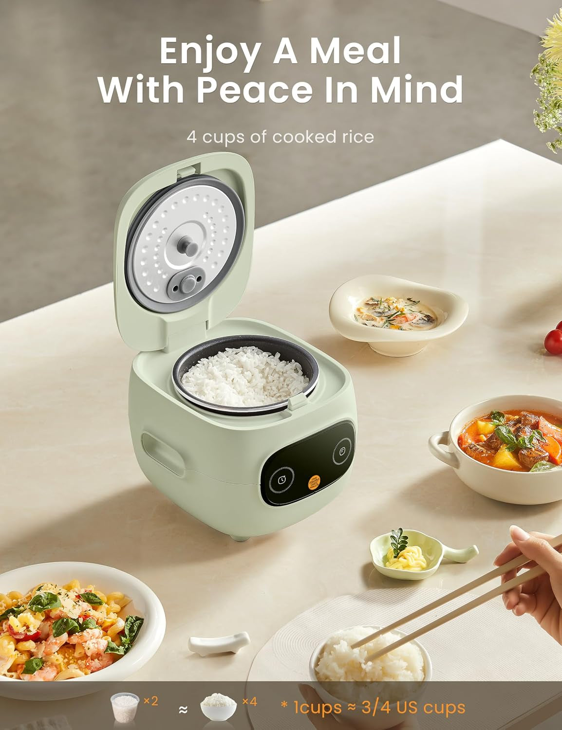 Mini Rice Cooker 4 Cups Cooked/2 Cups Uncooked, Portable Non-Stick Rice Maker, 24 Hours Timer Delay, 6 Functions, Fast Cooker, Brown Rice, Oatmeal, Sage Green Color