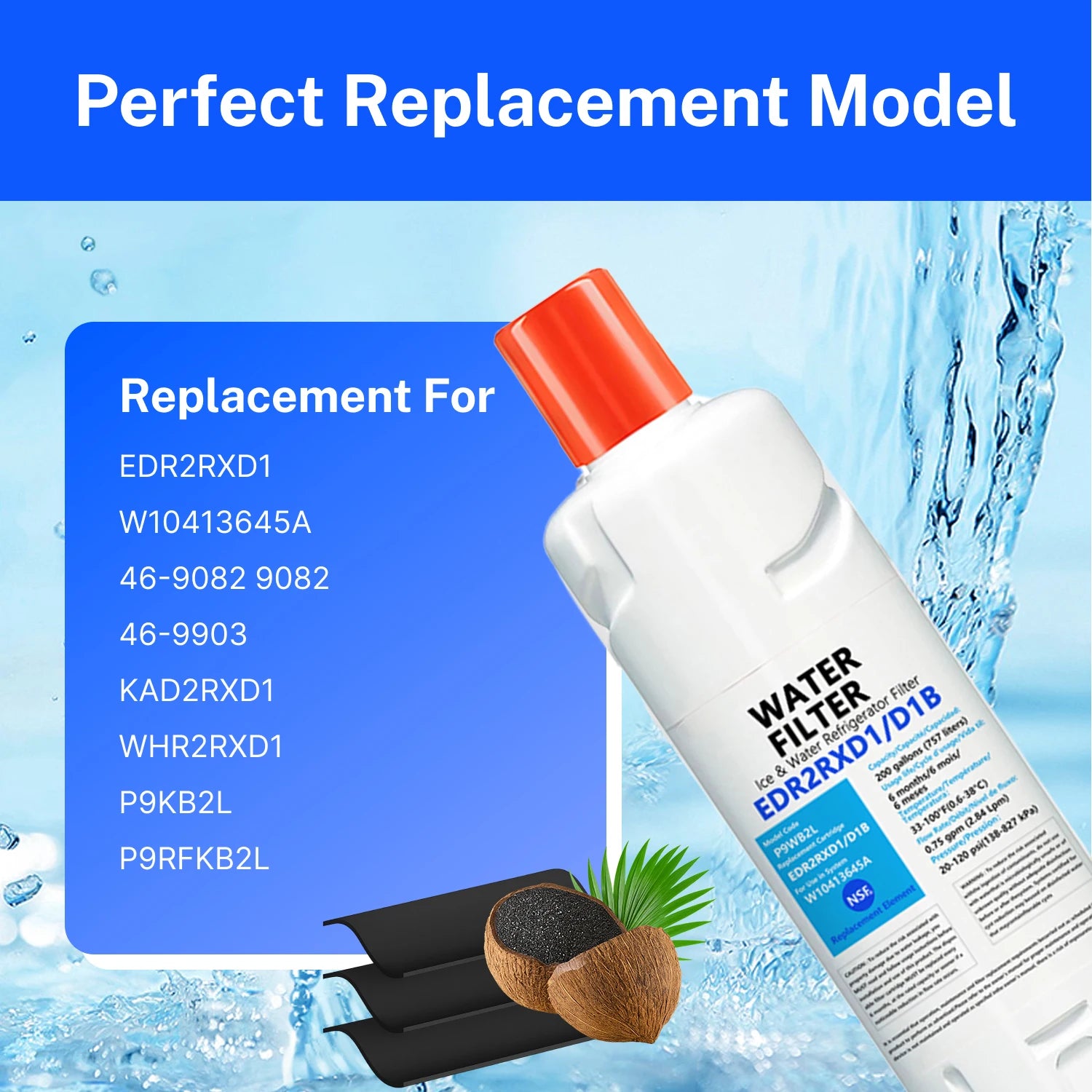 Filter Replacement for Whirlpool EDR2RXD1 W10413645A, Compatible with KAD2RXD1, WHR2RXD1, W10413645, EDR2RXD1, P9KB2L, P9RFKB2L