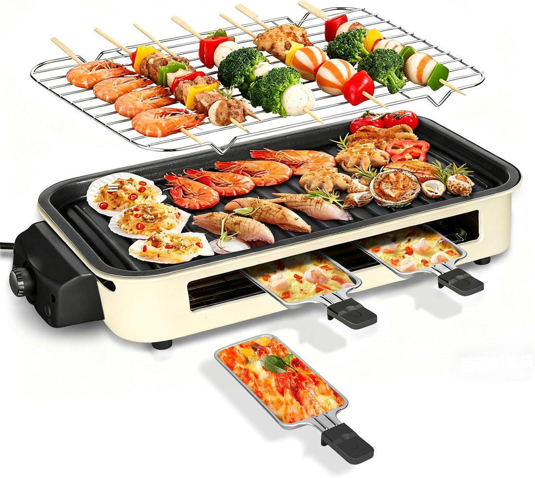 Electric Indoor Grill 1500W,  2 in 1 Smokeless Indoor Grills with Non-Stick Removable Grill & Griddle Plate, Temperature Control, Portable Korean BBQ Grill with 3 Raclette Cheese Pans