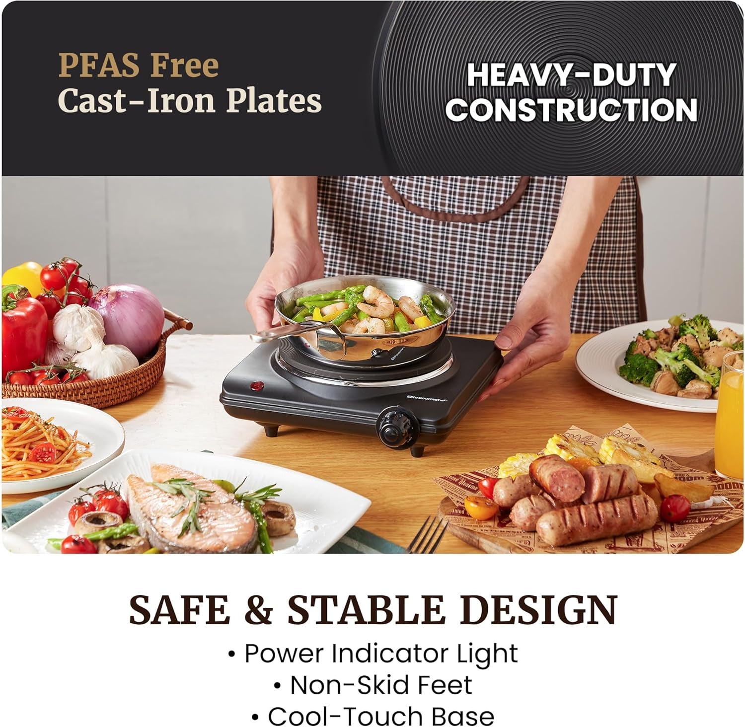 Countertop Electric Burner, 1000W Cast Iron Hot Plate, 7 Heat Settings, Portable Cooktop for RV, Dorm, Office & Small Kitchens, Road-Ready & Compact