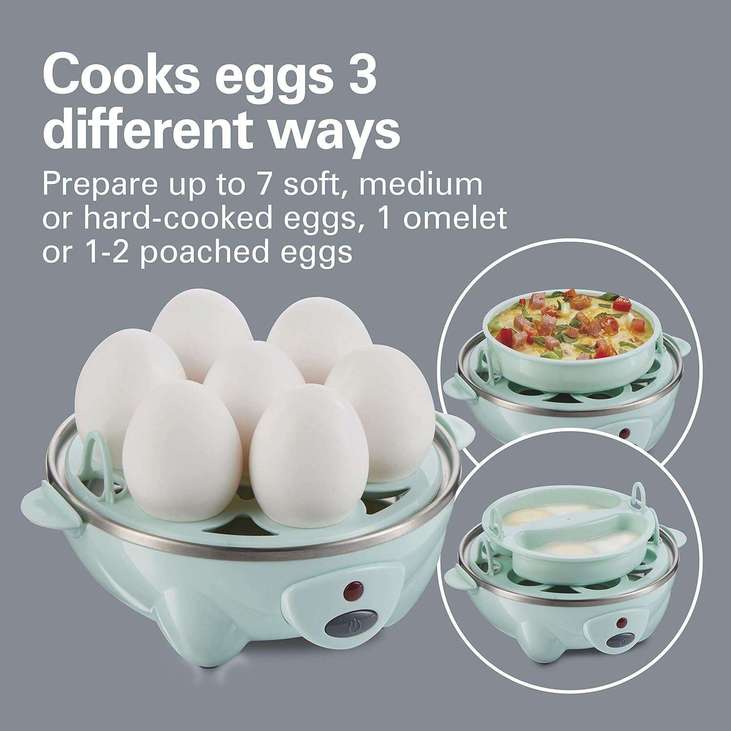 3-In-1 Egg Cooker, Hard-Boiled, Poached, Omelets, 7 Egg Capacity, Teal, 25504G
