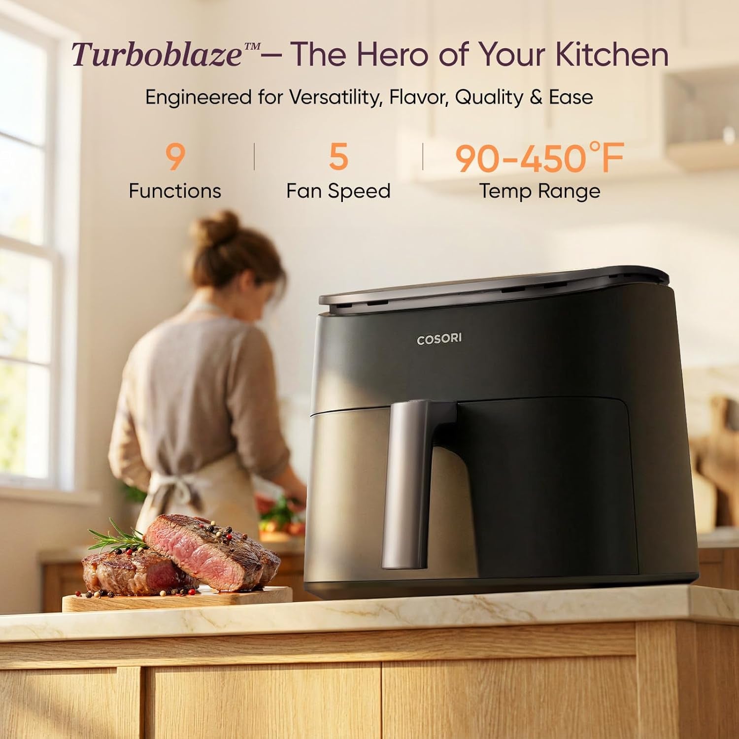 Air Fryer 6QT 9-In-1 Turboblaze, 90°– 450°F, 130+ Recipes, Dark Gray