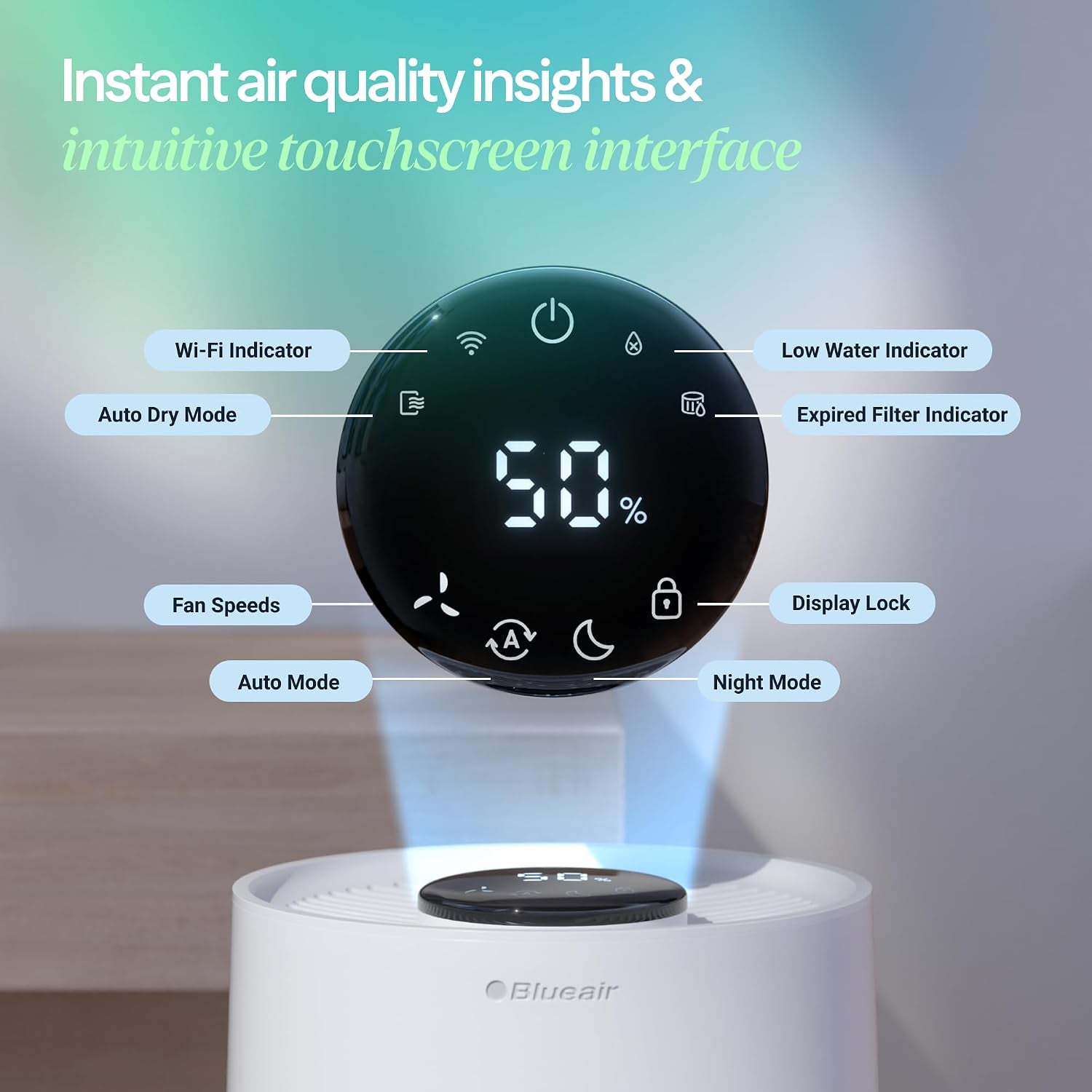 Premium Smart Humidifier for Large Rooms, Bedrooms, Better Sleep with Evaporative Invisible Mist Tech, Auto Humidify, Easy Top Fill, Smart Control with App, Touchscreen, 3.5L Tank for 48 Hours