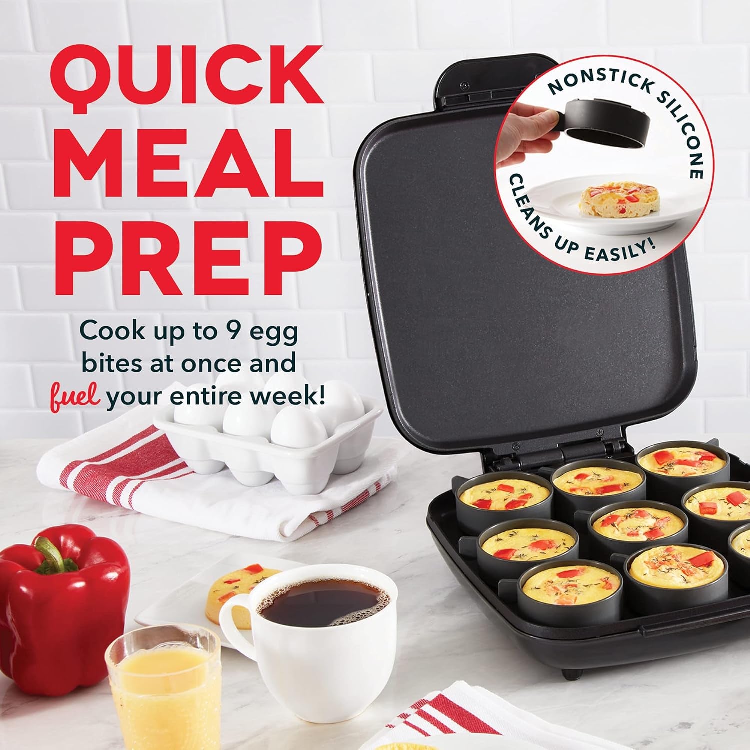 Family Size Egg Bite Maker - Electric Egg Bite Maker with Non-Stick Silicone Cups - Space-Saving Design & Quick Cleanup - Make Sandwiches, Healthy Snacks & Desserts - 9 Servings, Black