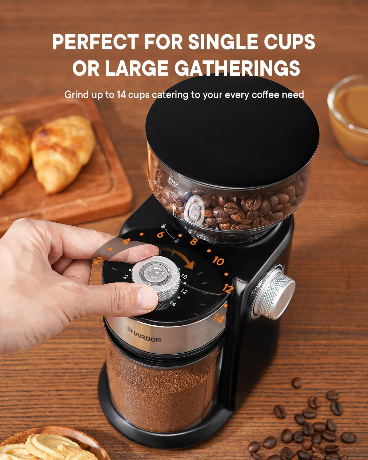 Electric Burr Coffee Grinder 2.0, Automatic Coffee Bean Grinder with 16 Precise Grind Setting, Adjustable Flat Burr Mill for French Press, Drip Coffee and Espresso, 2-14 Cup, Black
