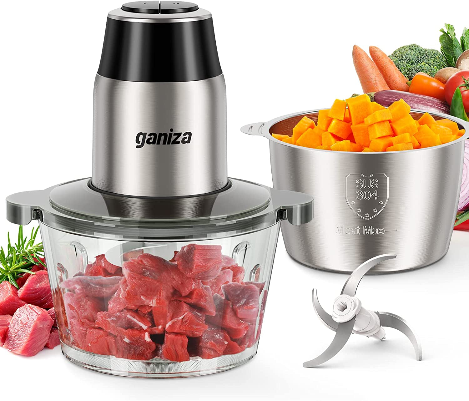 Food Processors with 2 Bowls, 450W Meat Grinder Vegetable Chopper