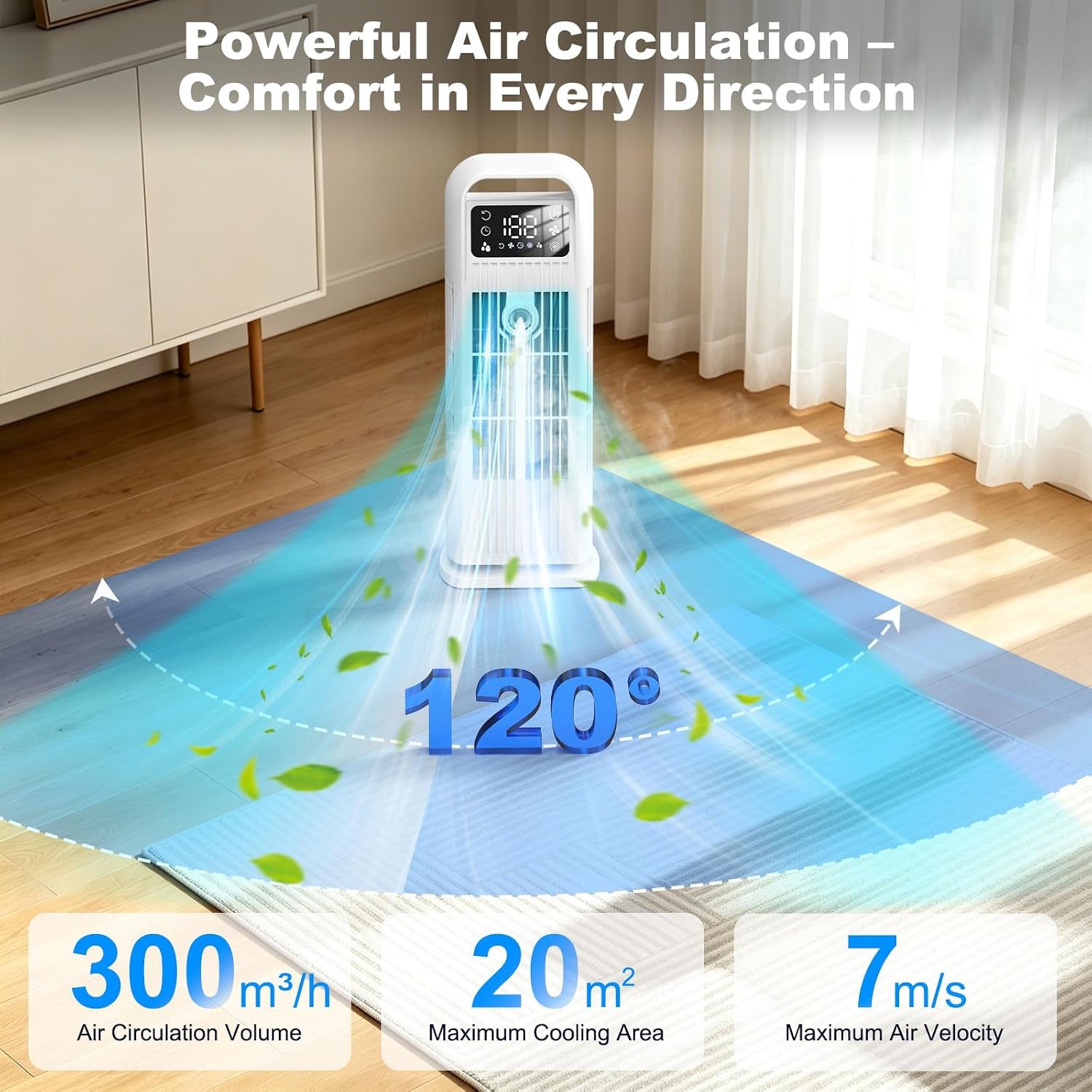 Portable Air Cooler, 4 in 1 Air Conditioner 1200ML Evaporative Air Cooler with Remote Control, 120° Oscillating 4 Speeds 12H Timer Mist Spray Tower Fan for Home Office (Glacier White)