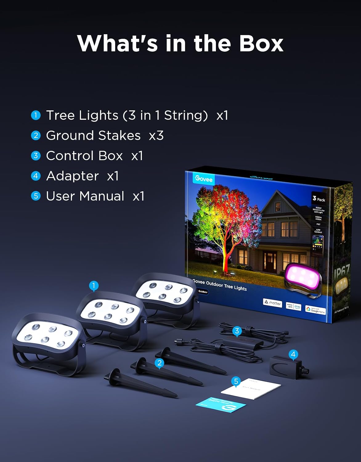 Govee Outdoor Tree Lights 3-Pack RGBWIC Landscape Lighting H7087