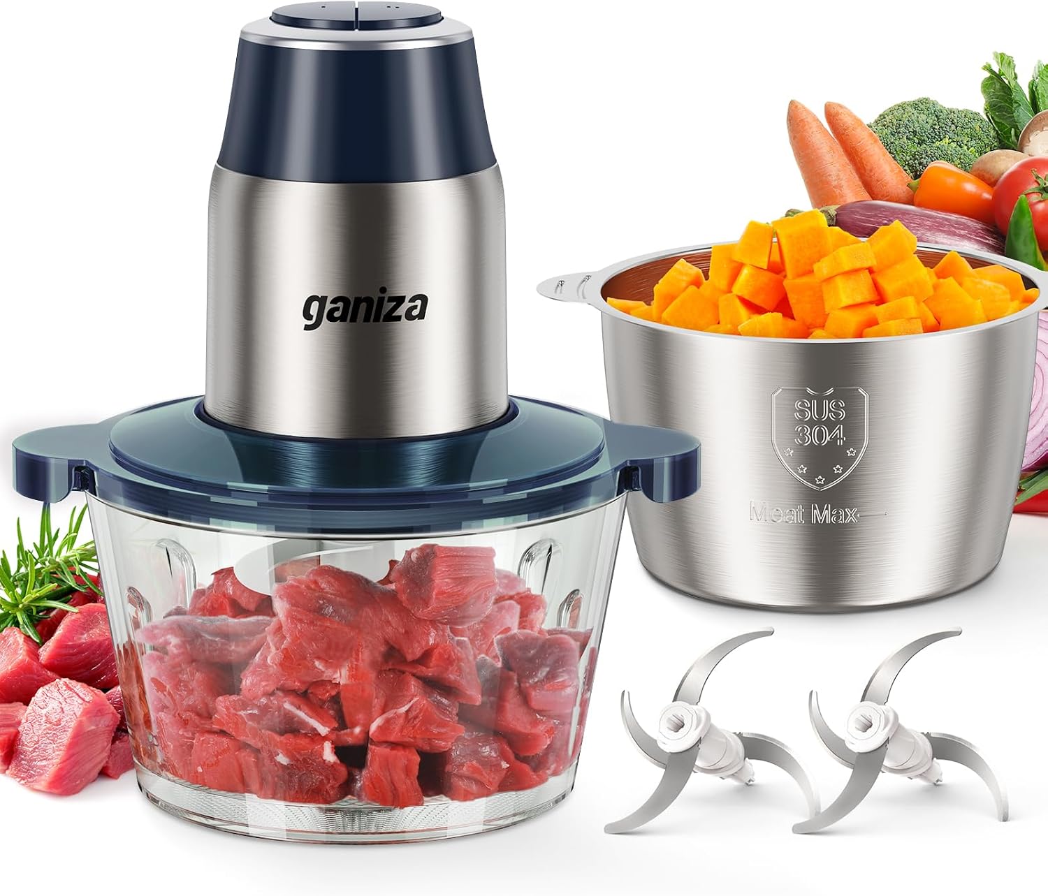 Food Processors with 2 Bowls, 450W Meat Grinder Vegetable Chopper