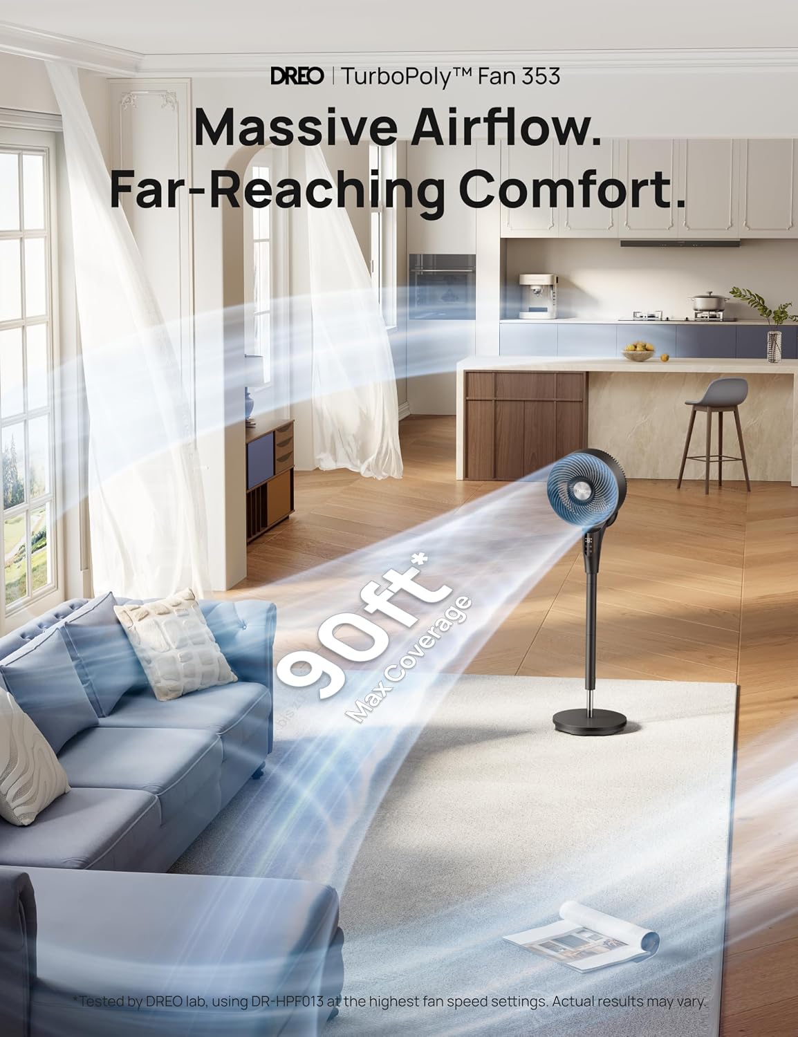 Fan for Bedroom, 90° Oscillating Standing Fan, 20Db Quiet, 90Ft Pedestal Fans for Room Office, DC Motor, 8+H Speeds, 3 Modes, 38-42'' Adjustable Height, Remote, 8H Timer, 105° Manual Vertical