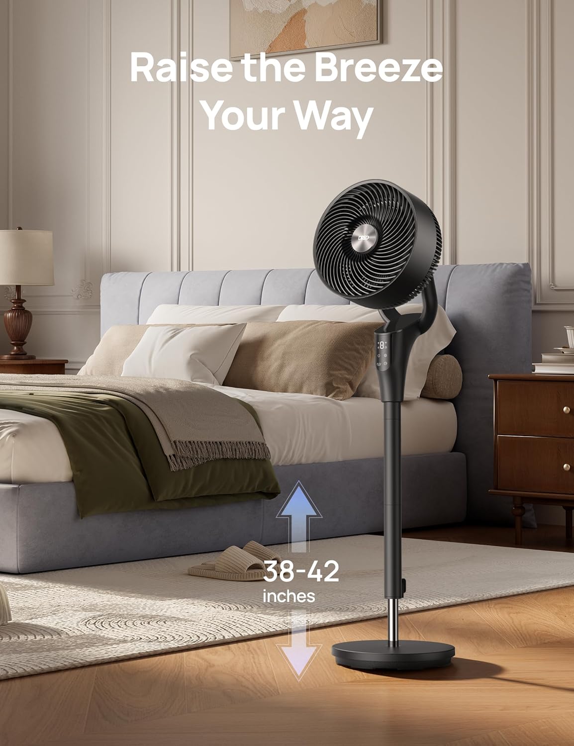 Fan for Bedroom, 90° Oscillating Standing Fan, 20Db Quiet, 90Ft Pedestal Fans for Room Office, DC Motor, 8+H Speeds, 3 Modes, 38-42'' Adjustable Height, Remote, 8H Timer, 105° Manual Vertical