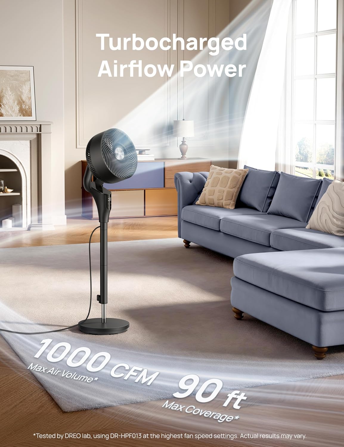 Fan for Bedroom, 90° Oscillating Standing Fan, 20Db Quiet, 90Ft Pedestal Fans for Room Office, DC Motor, 8+H Speeds, 3 Modes, 38-42'' Adjustable Height, Remote, 8H Timer, 105° Manual Vertical