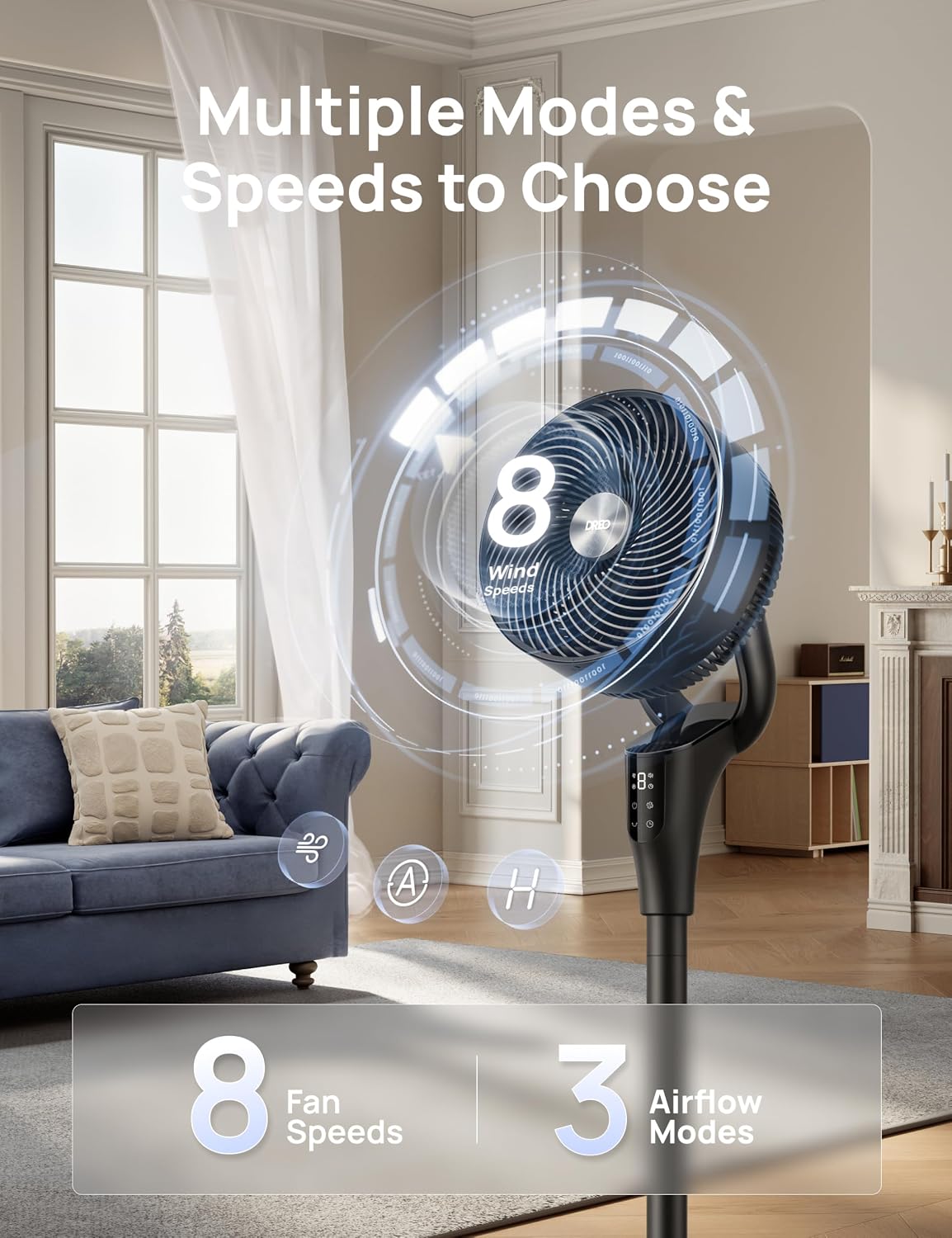 Fan for Bedroom, 90° Oscillating Standing Fan, 20Db Quiet, 90Ft Pedestal Fans for Room Office, DC Motor, 8+H Speeds, 3 Modes, 38-42'' Adjustable Height, Remote, 8H Timer, 105° Manual Vertical