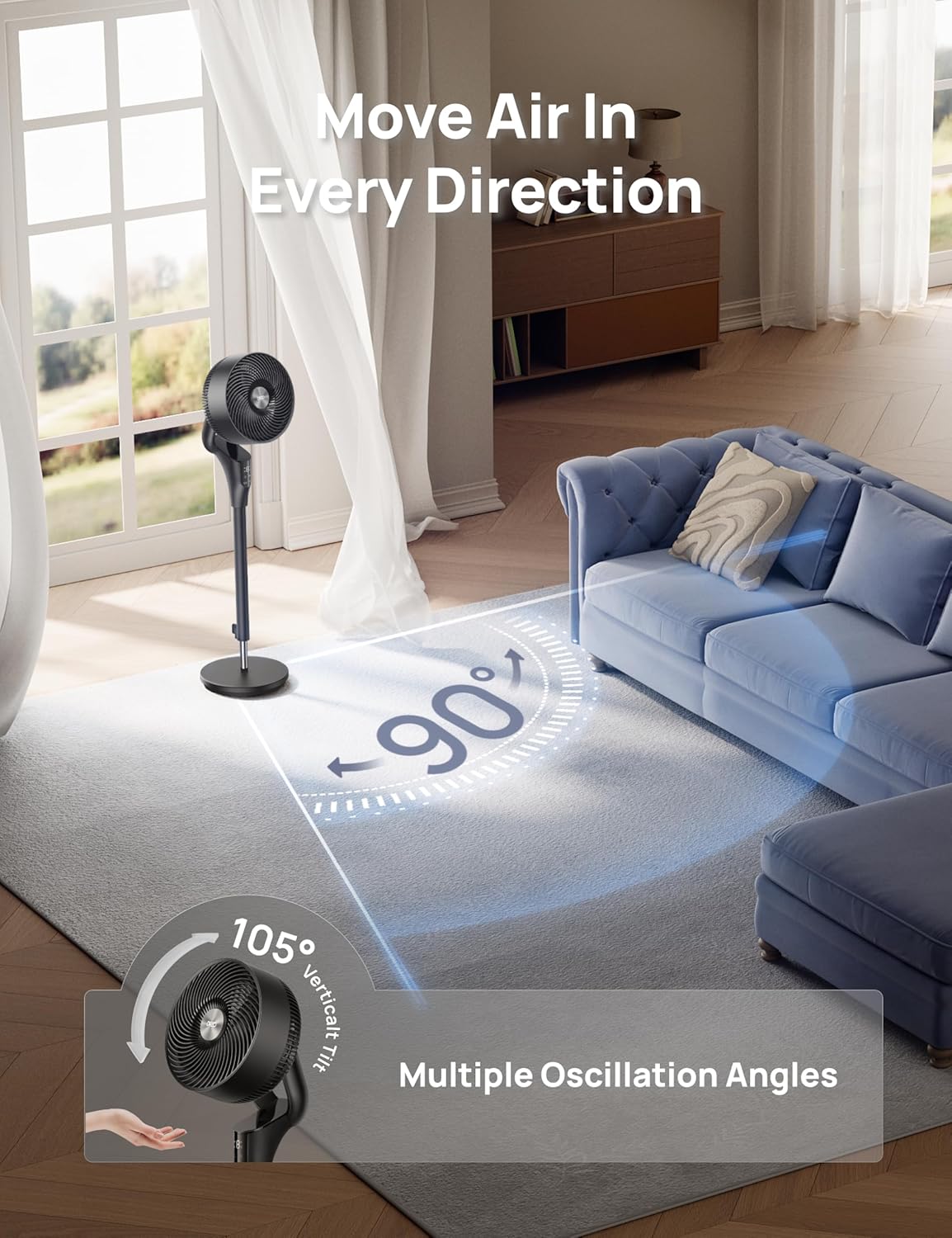 Fan for Bedroom, 90° Oscillating Standing Fan, 20Db Quiet, 90Ft Pedestal Fans for Room Office, DC Motor, 8+H Speeds, 3 Modes, 38-42'' Adjustable Height, Remote, 8H Timer, 105° Manual Vertical