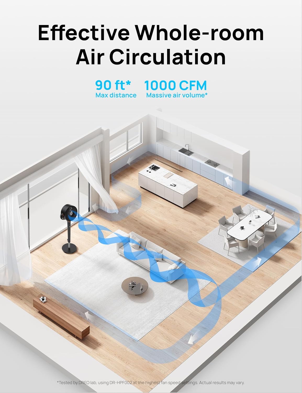 Fan for Bedroom, 90° Oscillating Standing Fan, 20Db Quiet, 90Ft Pedestal Fans for Room Office, DC Motor, 8+H Speeds, 3 Modes, 38-42'' Adjustable Height, Remote, 8H Timer, 105° Manual Vertical
