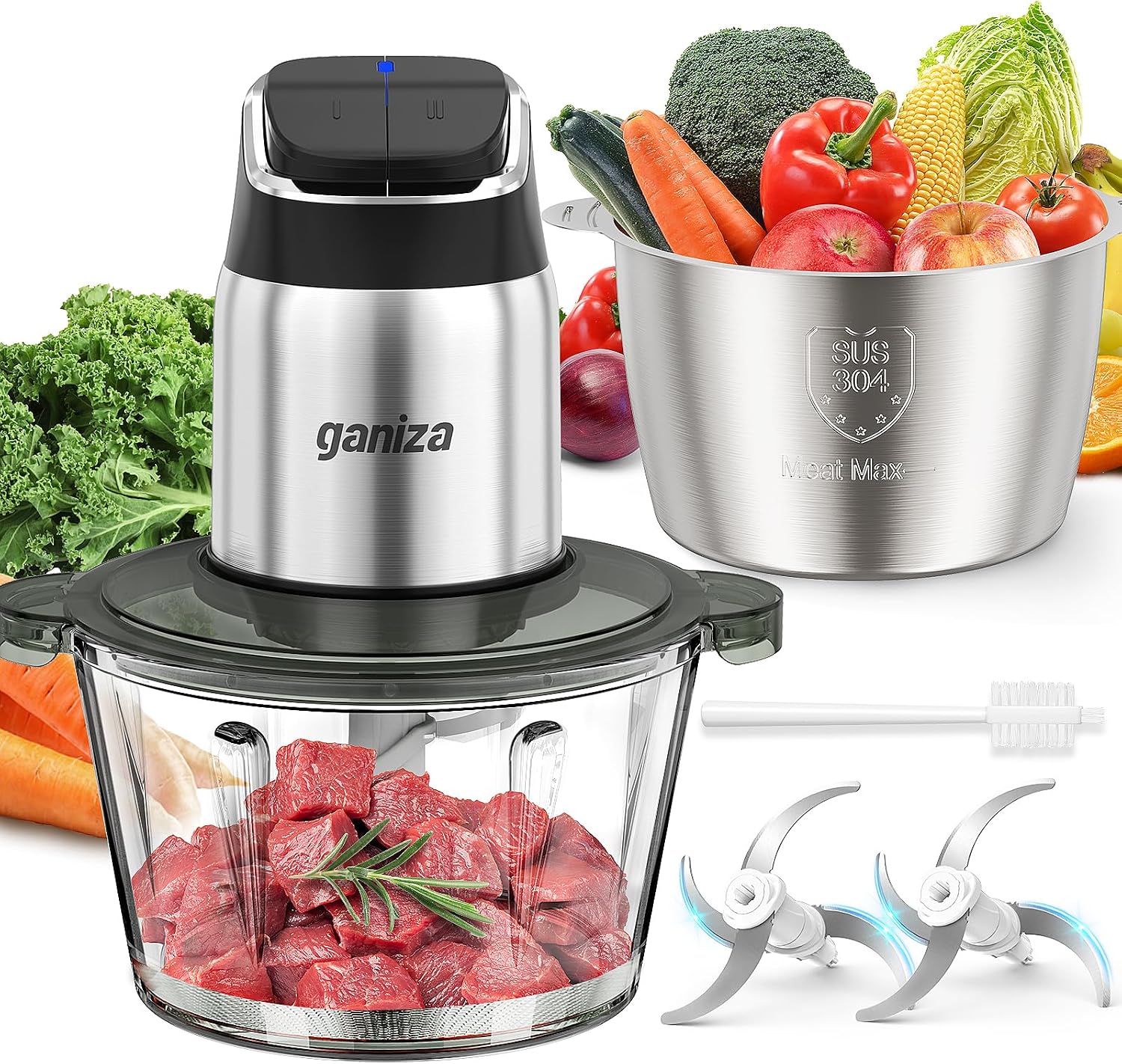 Food Processors with 2 Bowls, 450W Meat Grinder Vegetable Chopper