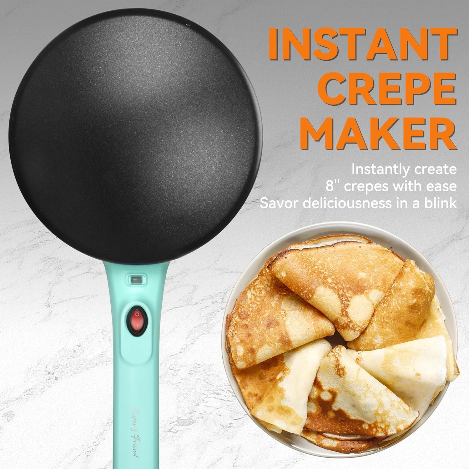 Instant Crepe Maker with Handle, Electric Crepe Maker Machine, Crepera Electrica, 8 Inch Non-Stick Cooking Surface, Aqua