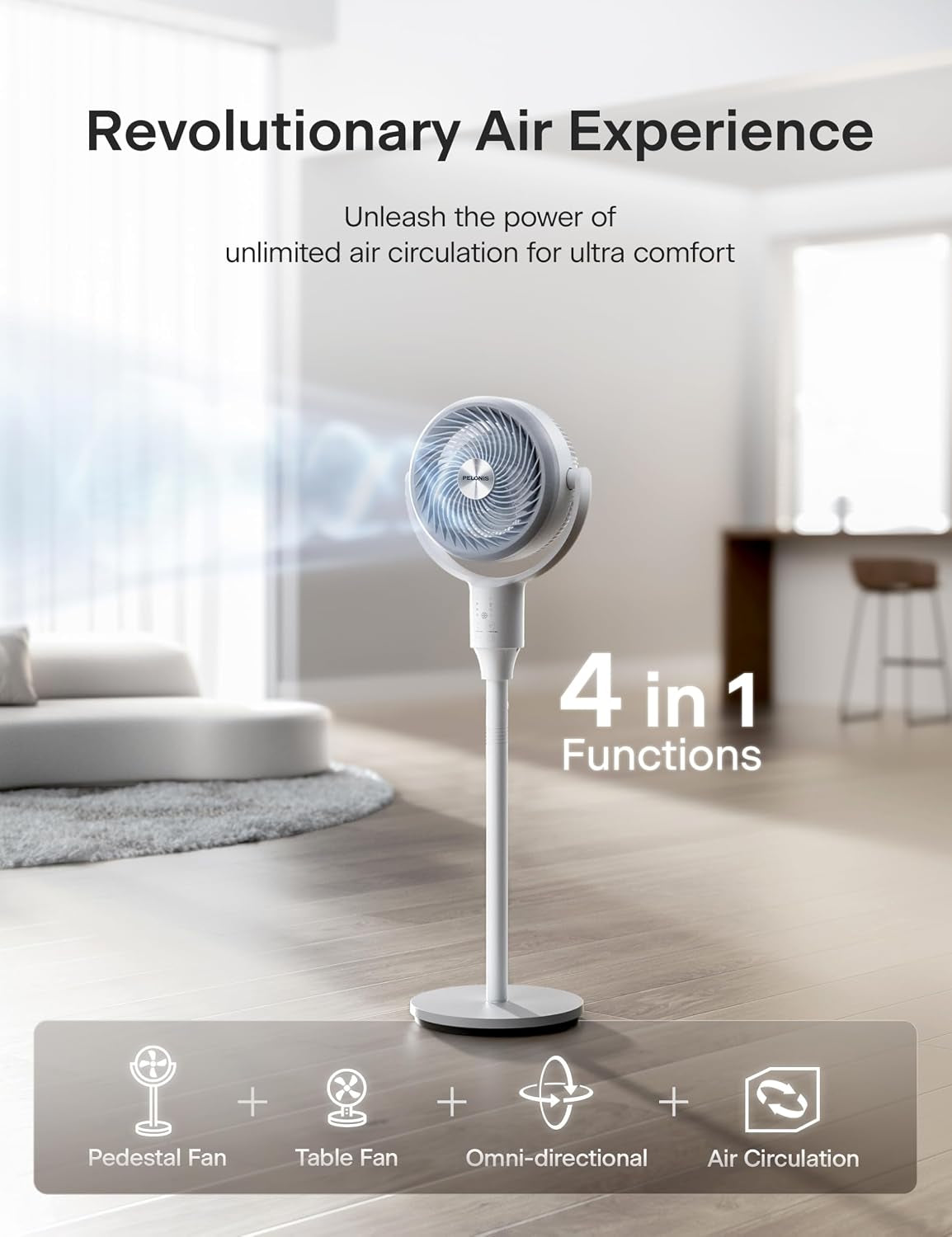 Pedestal Fan, Air Circulator, Ultra Omniflow (135°+90°Auto Oscillation), Quiet Floor Fan with 3 Speeds, Remote, 7H Timer, Memory Function, Adjustable Height, Standing Fan for Bedroom