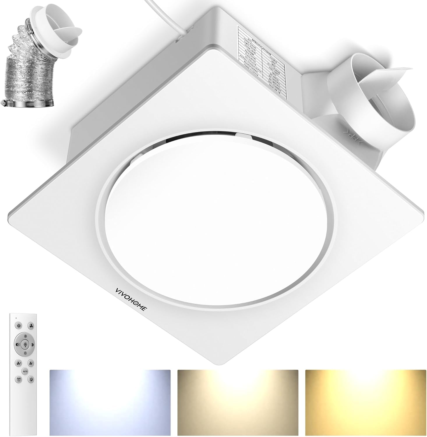 Autoflow Bathroom Exhaust Fan, 3CCT Diammable Light & Humidity Sensor (30-110-160CFM) - Energy Efficient EC Motor, Dual Insulation, Constant Airflow, (Install Kit, 4-In Duct)