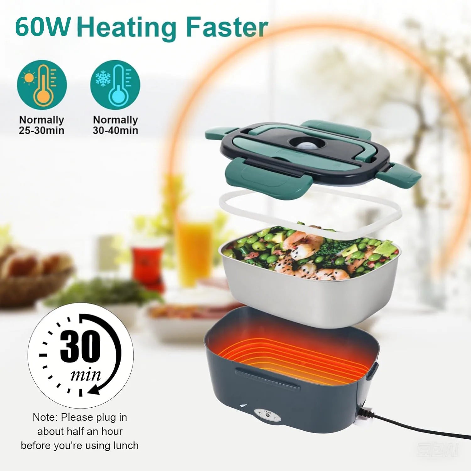 Electric Lunch Box 80W Portable Heated Lunchbox Adults Includes 2 Stainless Steel Containers Car Truck Work Use Leak Proof Food