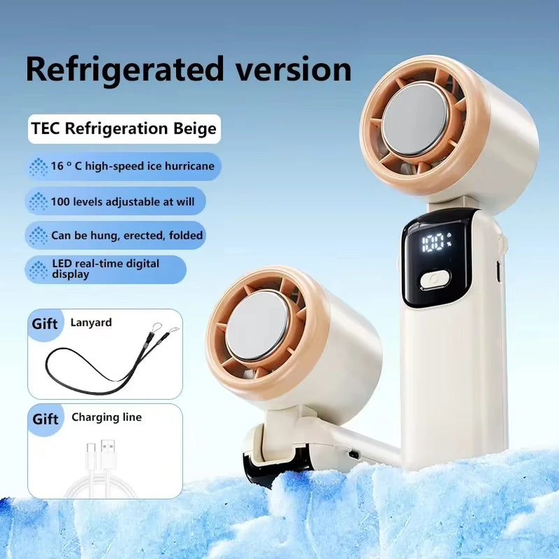 Ice Cooling Handheld Fan 100 Speeds Turbo Portable USB Desk Fan Foldable/Hangable for Outdoor Fast Chill Ice Compress