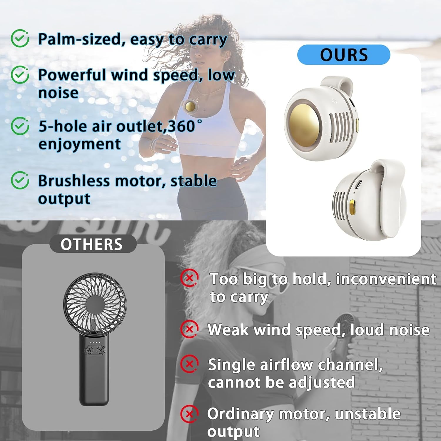 Portable Clip-On Fan, Mini USB Rechargeable 360° Rotatable Fan, 3-Speed Silent Mini Bladeless Fans