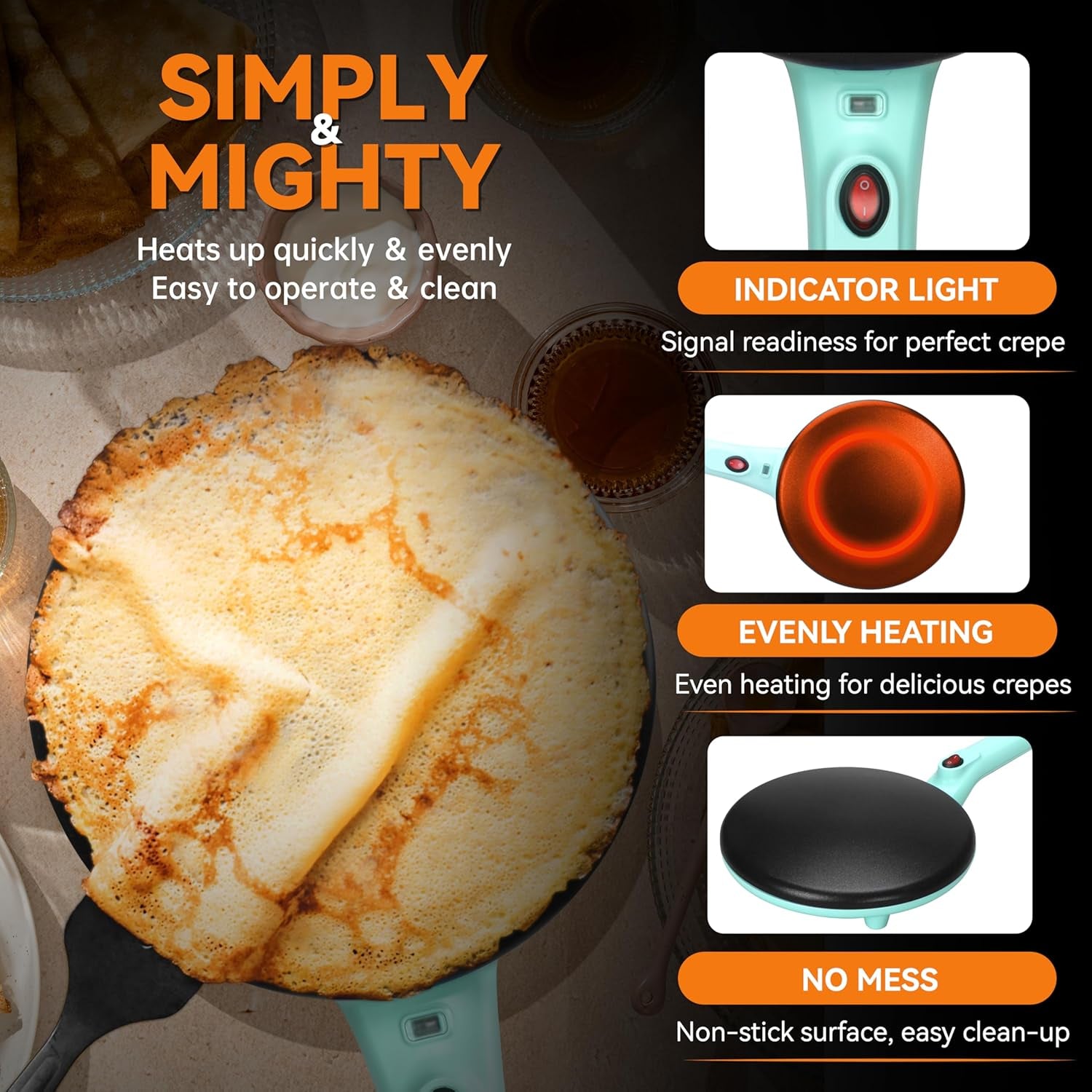 Instant Crepe Maker with Handle, Electric Crepe Maker Machine, Crepera Electrica, 8 Inch Non-Stick Cooking Surface, Aqua