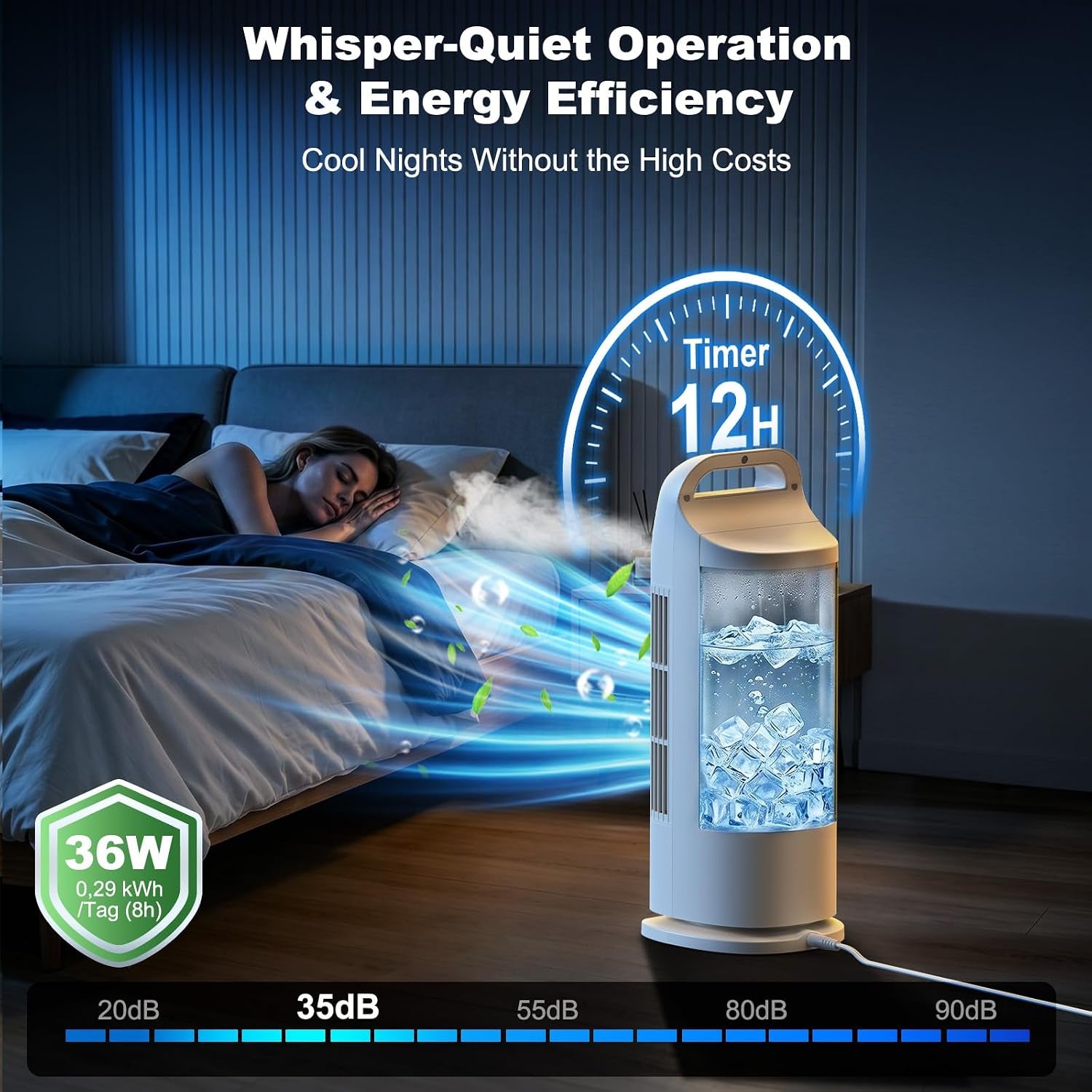 Portable Air Cooler, 4 in 1 Air Conditioner 1200ML Evaporative Air Cooler with Remote Control, 120° Oscillating 4 Speeds 12H Timer Mist Spray Tower Fan for Home Office (Glacier White)